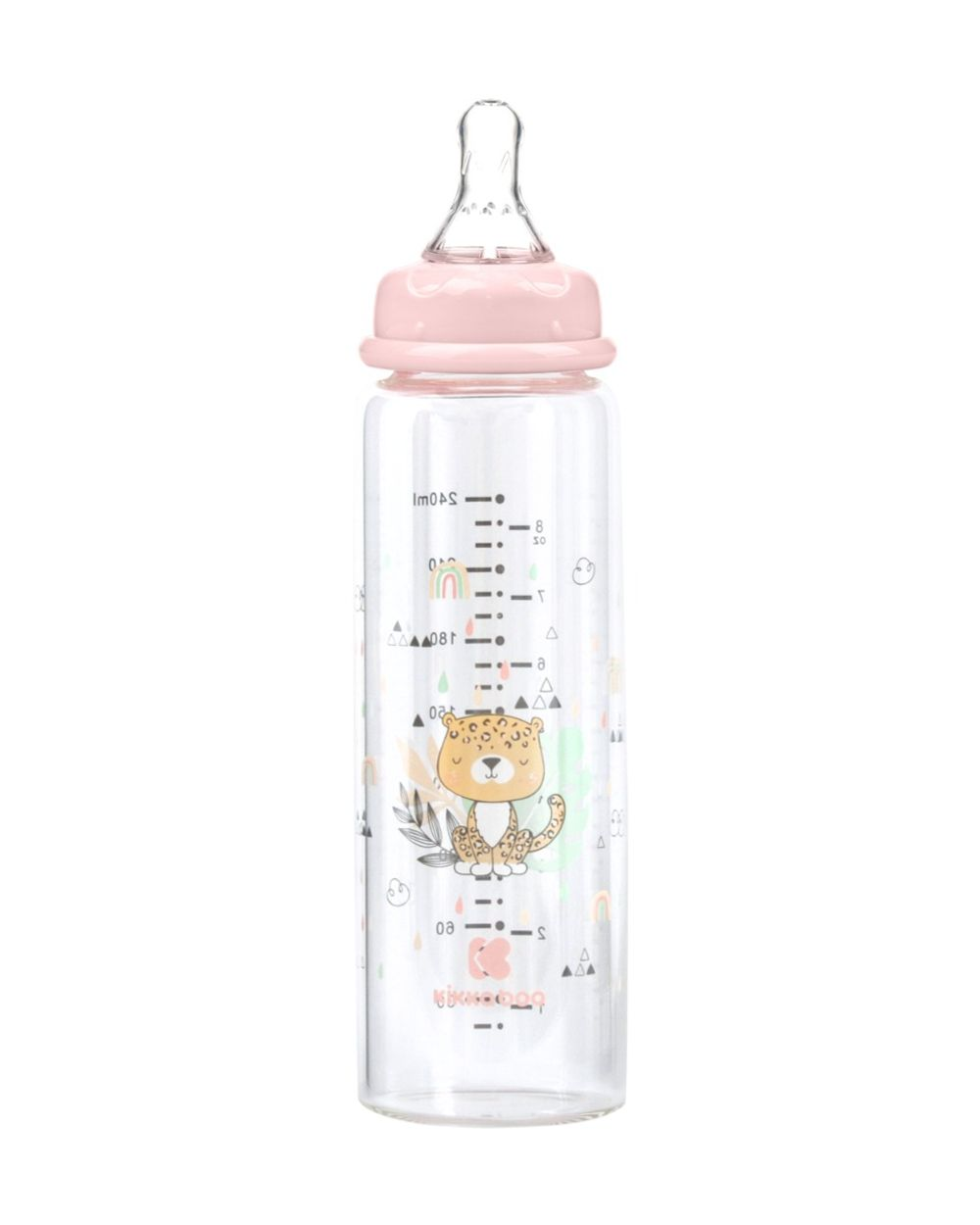 Eine Babyflasche aus Glas mit rosa Kappe, Tiermotiv und Messskala auf weißem Hintergrund.