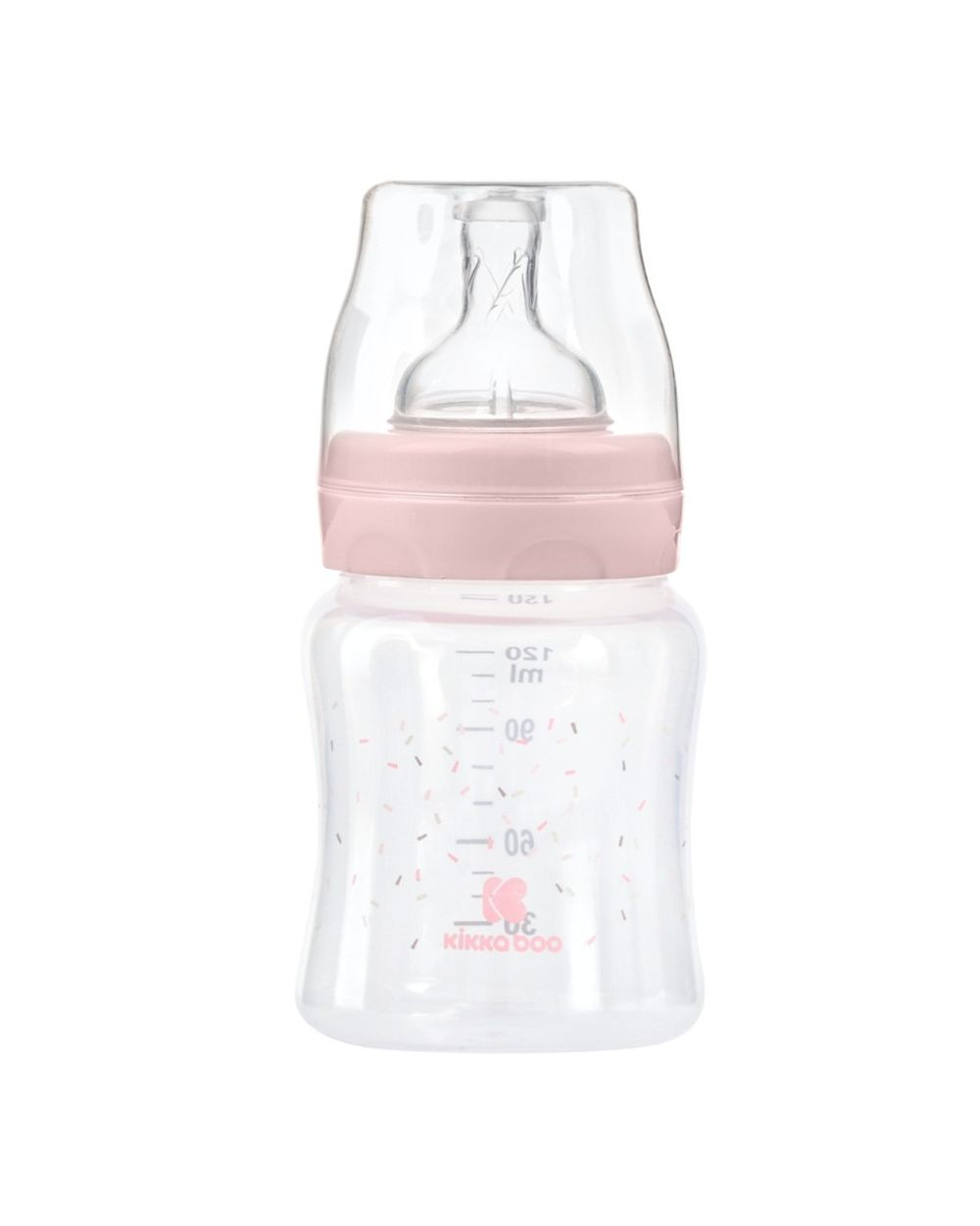 Eine rosa und durchsichtige Babyflasche mit Deckel und niedlichem Muster vor weißem Hintergrund.