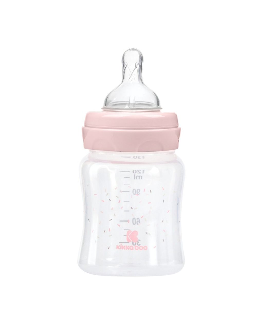 Eine Babyflasche aus durchsichtigem Kunststoff mit rosafarbenem Ring, Sauger und Kika-Boo-Logo auf weißem Grund.