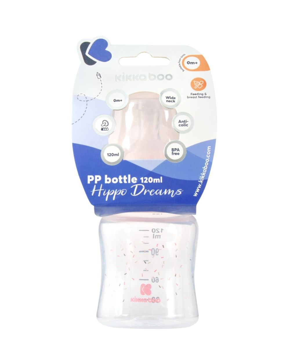 KikkaBoo 120ml PP Babyflasche in Verpackung mit weissen, blauen und orangen Akzenten, Anti-Kolik und BPA-frei.