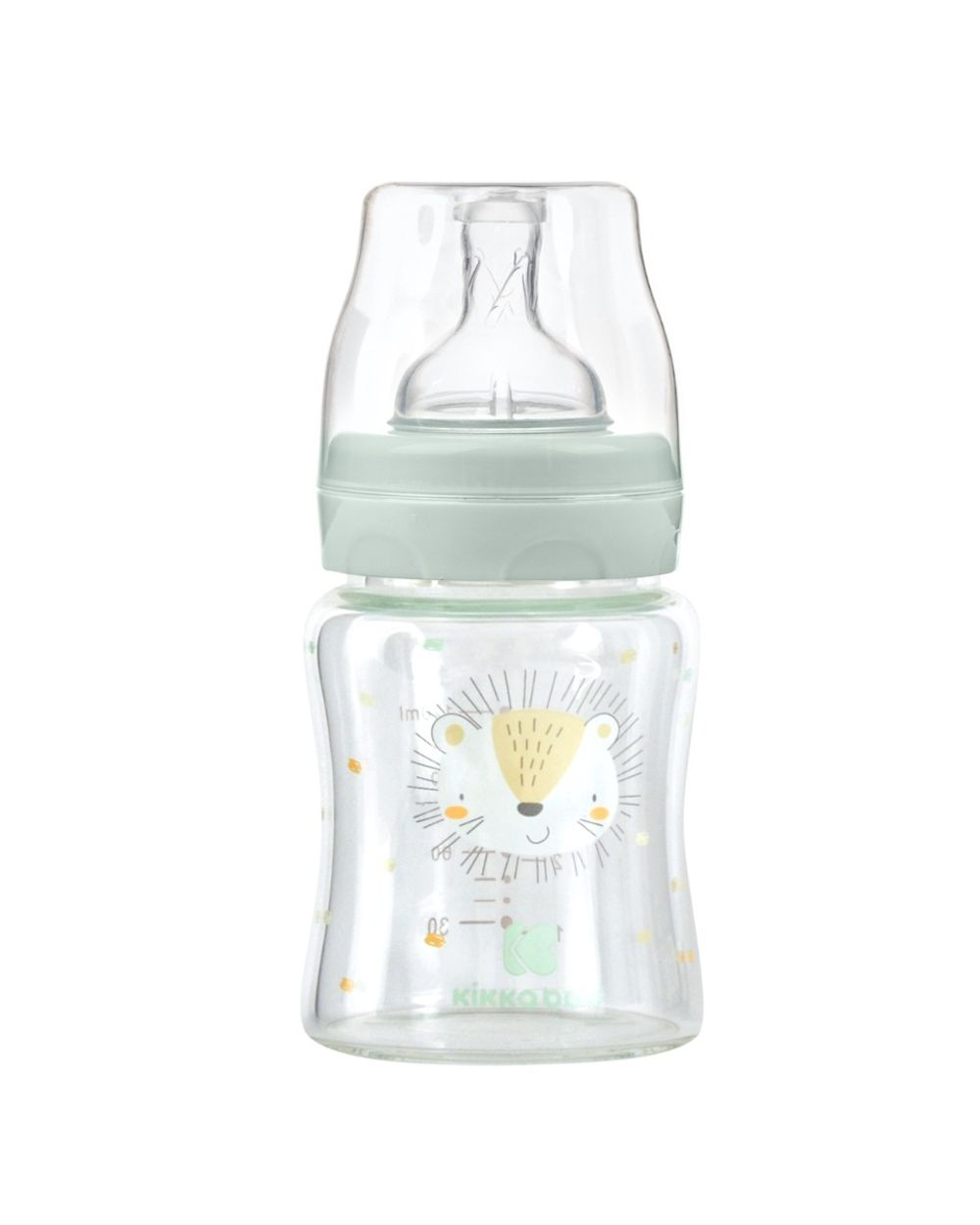 Eine Glasbabyflasche mit hellgrünem Ring, Sauger und Schutzkappe, verziert mit einem niedlichen Löwenmotiv.