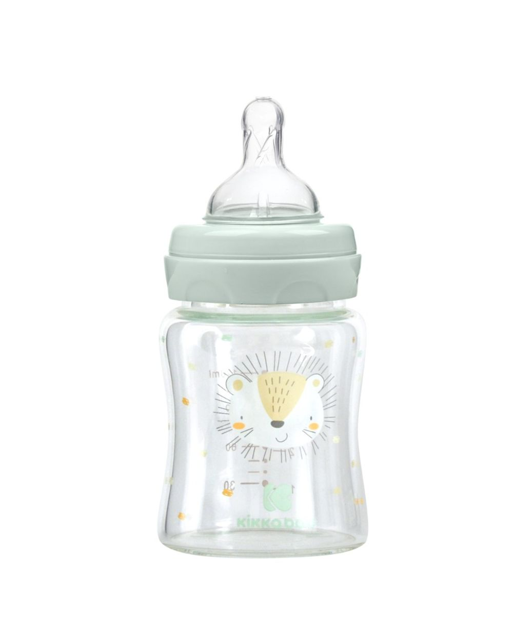 Ein durchsichtiges Babyfläschchen aus Glas mit mintgrünem Deckel, Sauger und süßem Igel-Motiv.