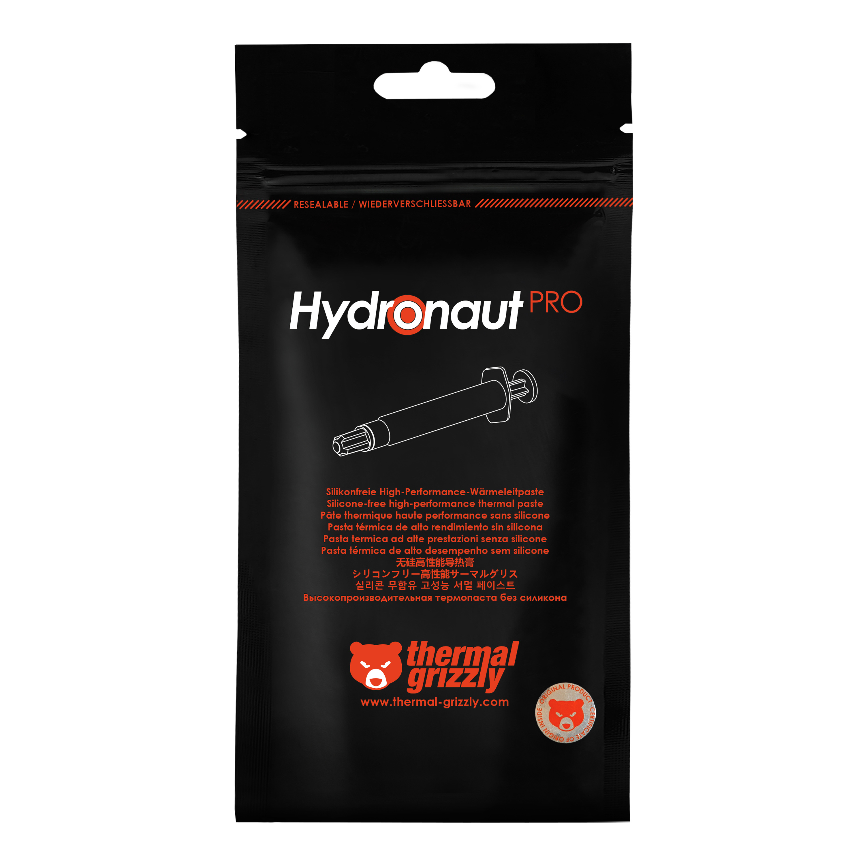 Schwarze Hydronaut PRO Wärmeleitpaste-Verpackung mit orangem Thermal Grizzly Logo und einer Spritzenabbildung.