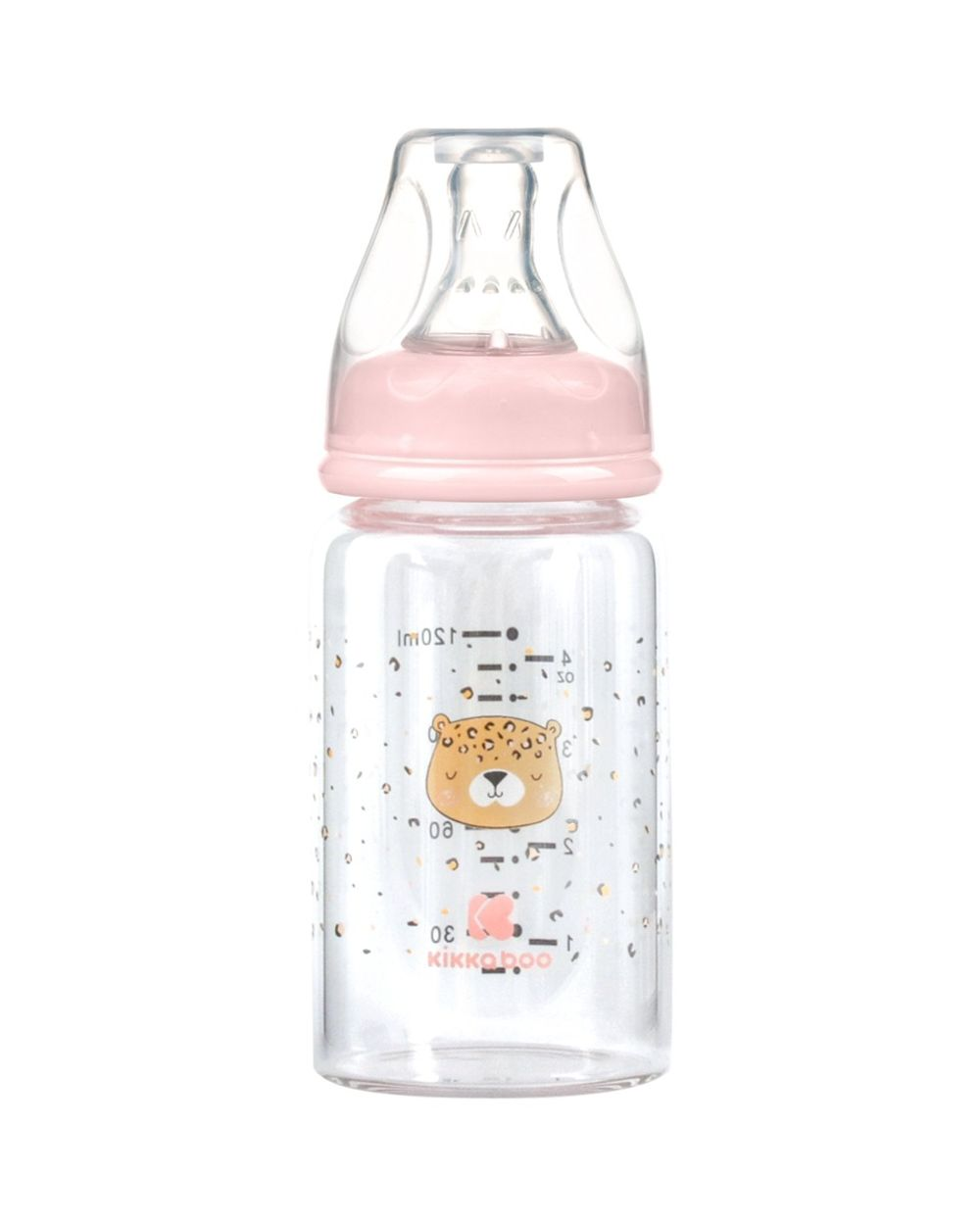Eine Glasbabyflasche mit rosa Kappe und einem niedlichen Leopardenmuster auf der Vorderseite vor weißem Hintergrund.