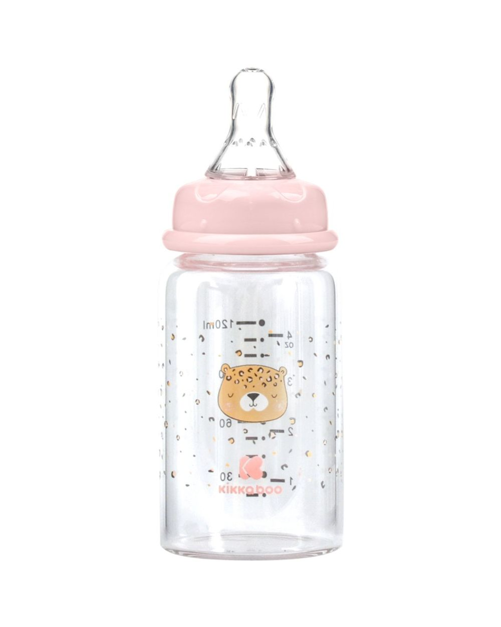 Rosa Babyflasche aus Glas mit Tiermotiv und Messskala vor weißem Hintergrund.