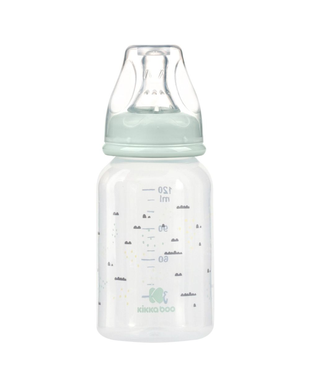 Eine klare Babyflasche mit hellgrünem Deckel, Maßangaben und niedlichem Wolken- und Blattmuster.