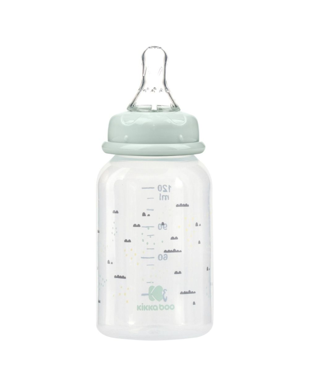 Eine Babyflasche mit hellgrünem Ring, klarem Sauger und süßem Wolkenmuster auf weißem Hintergrund.