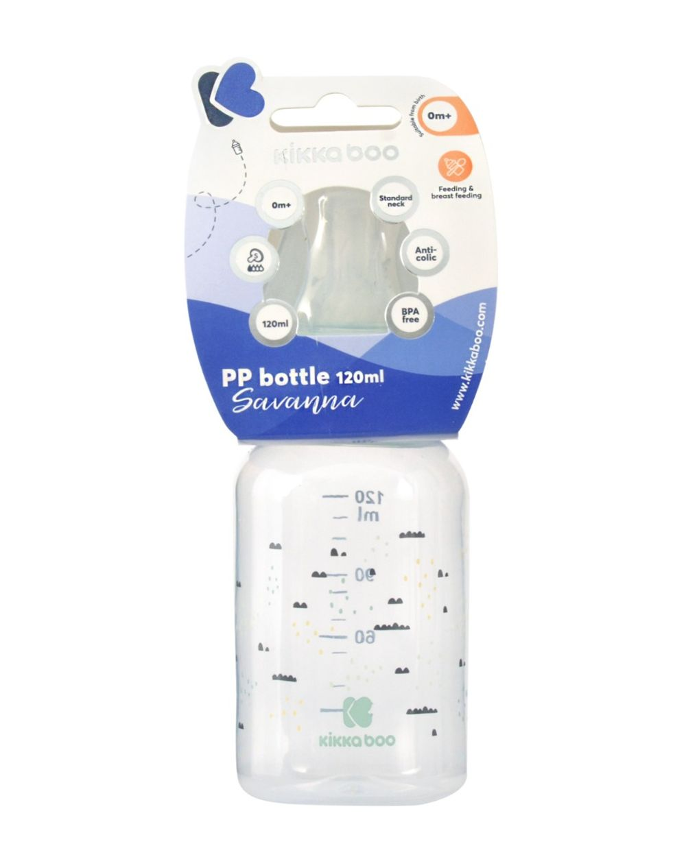 PP-Babyflasche mit Savanna-Muster und weißer Verpackung.