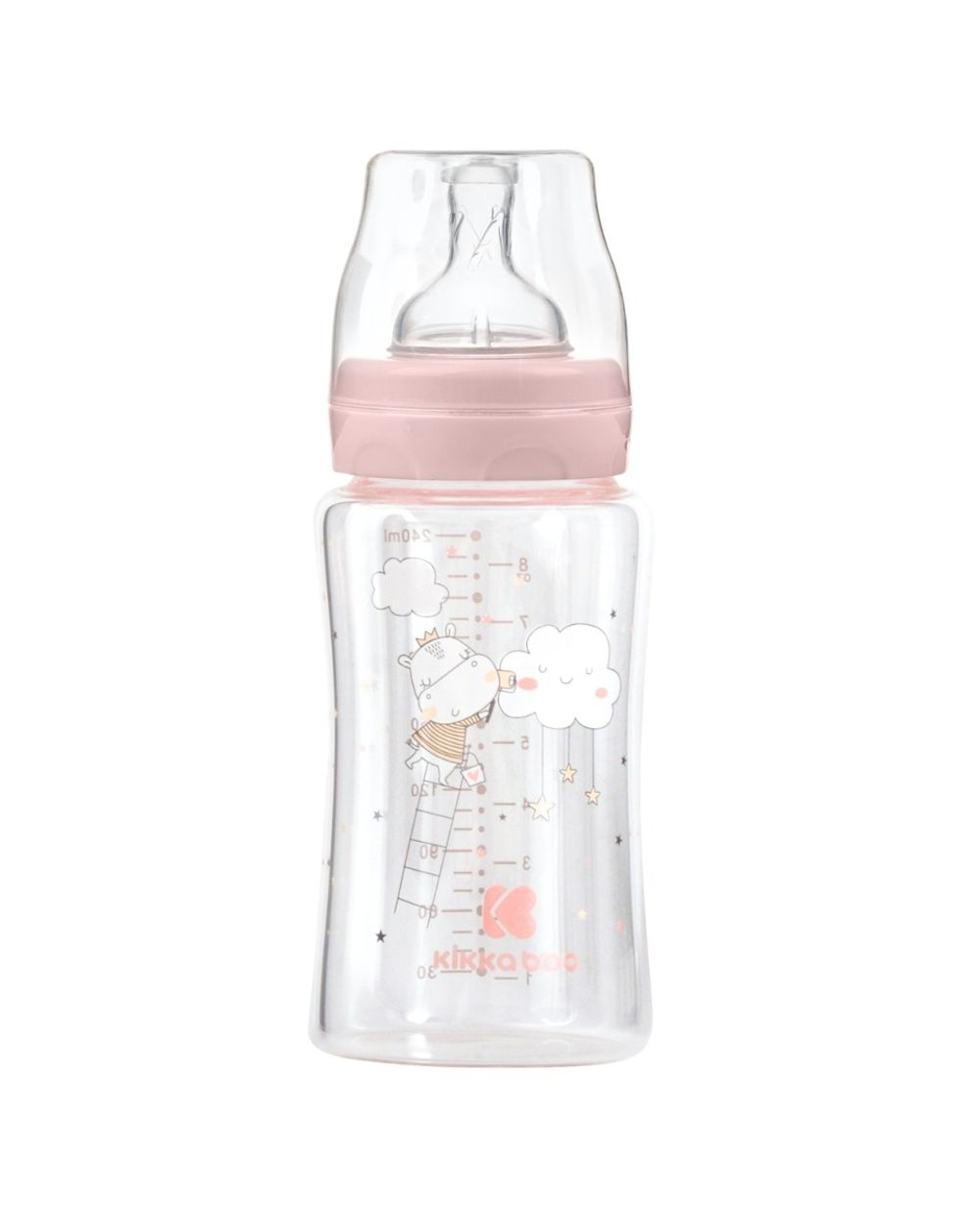Rosa Babyflasche aus Glas mit Tiermotiv, Messskala und durchsichtigem Deckel.