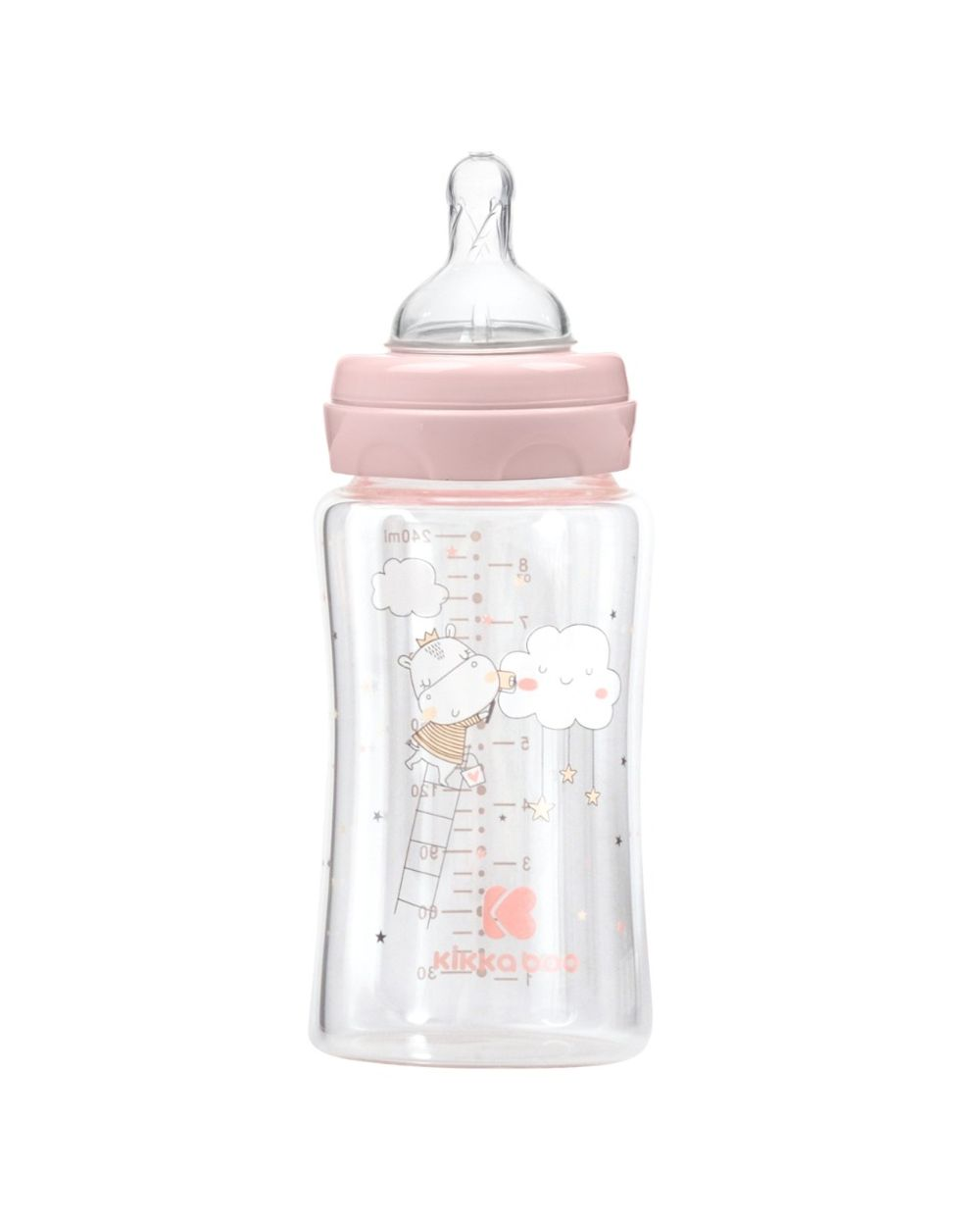 Eine transparente Babyflasche mit pinkfarbenem Ring, Sauger und einem Nilpferd-Motiv auf der Vorderseite.