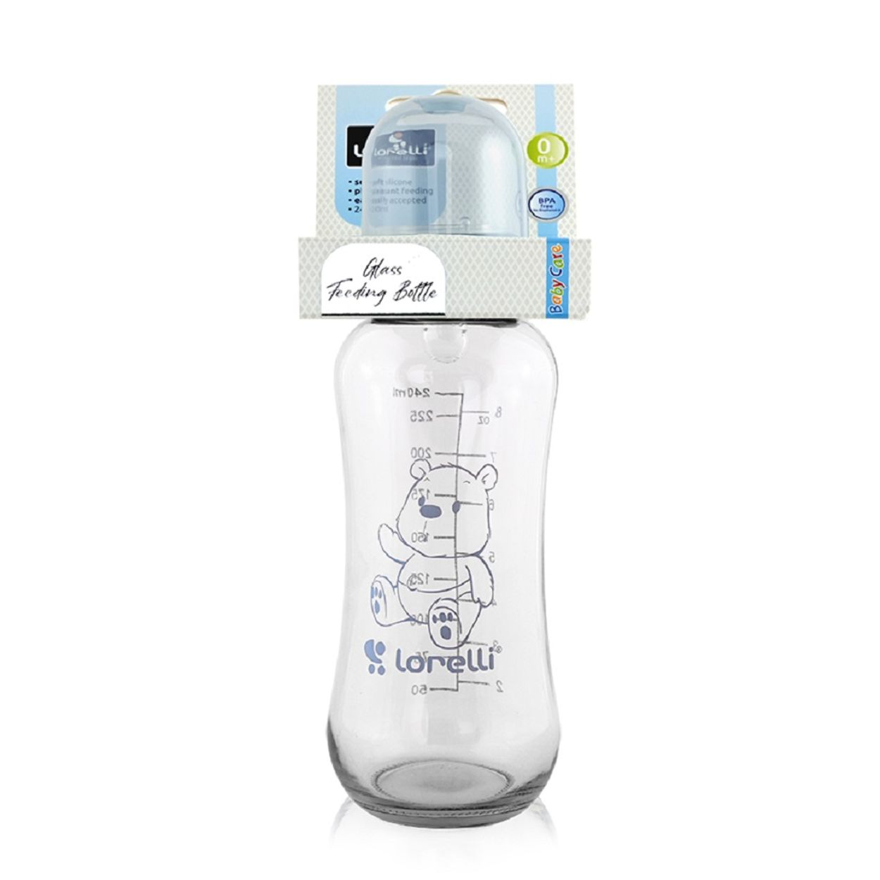 Eine Glasbabyflasche von Lorelli mit Bärenmotiv und blauer Schutzkappe in Originalverpackung.