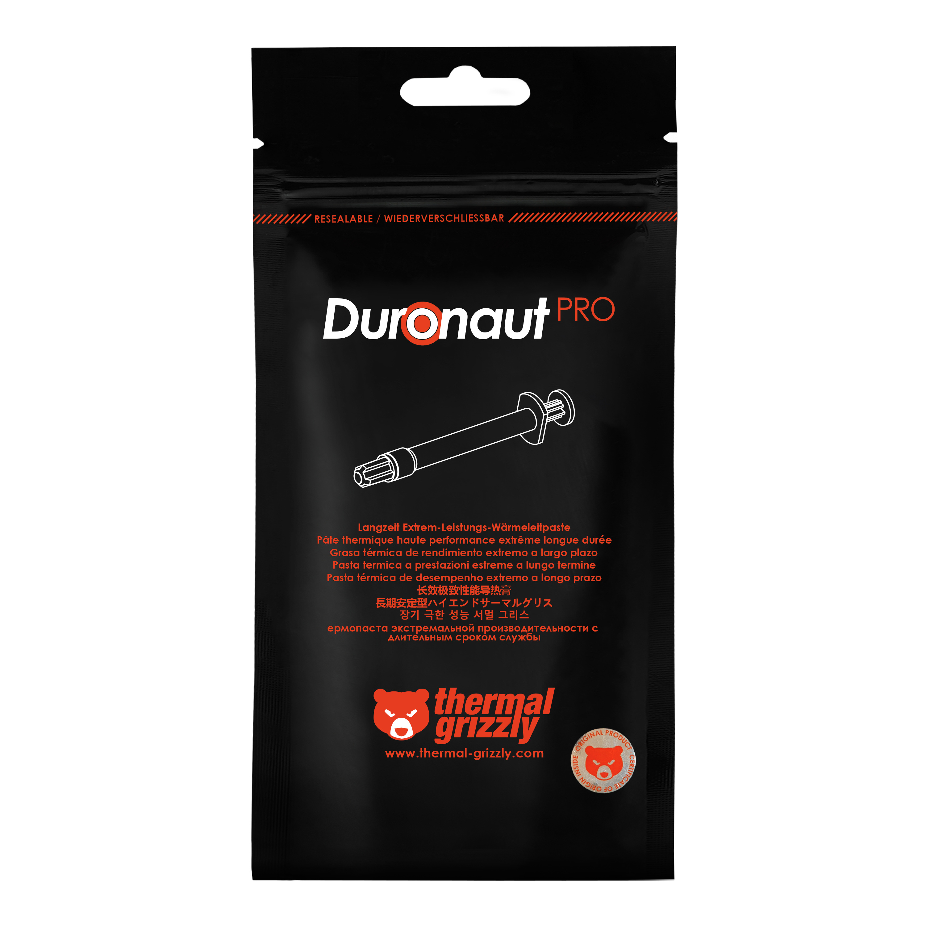Schwarze Verpackung von Thermal Grizzly Duronaut Pro Wärmeleitpaste mit rotem und weißem Text.
