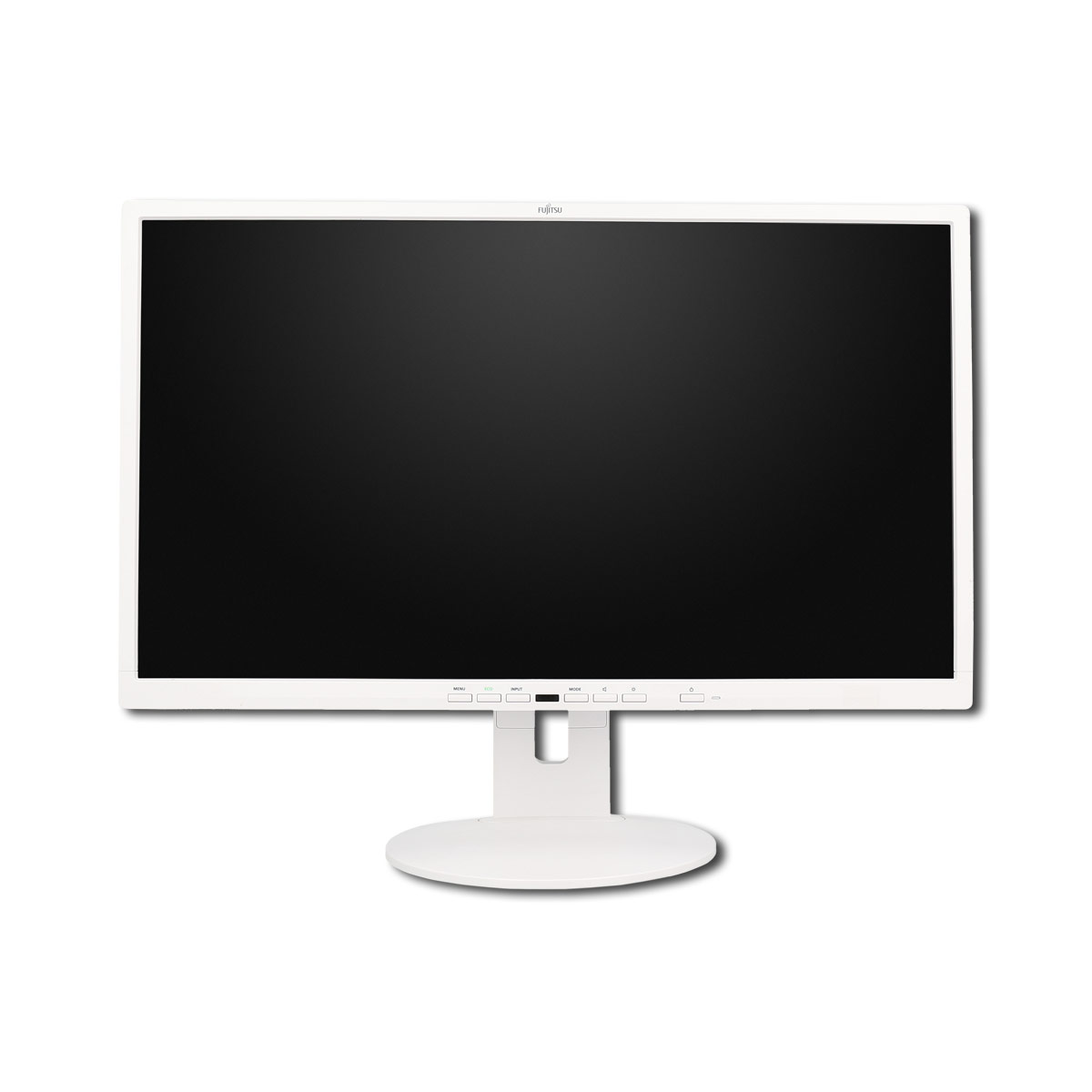 Ein weißer Fujitsu-Computerbildschirm mit schwarzem Display und weißem Standfuß vor weißem Hintergrund.