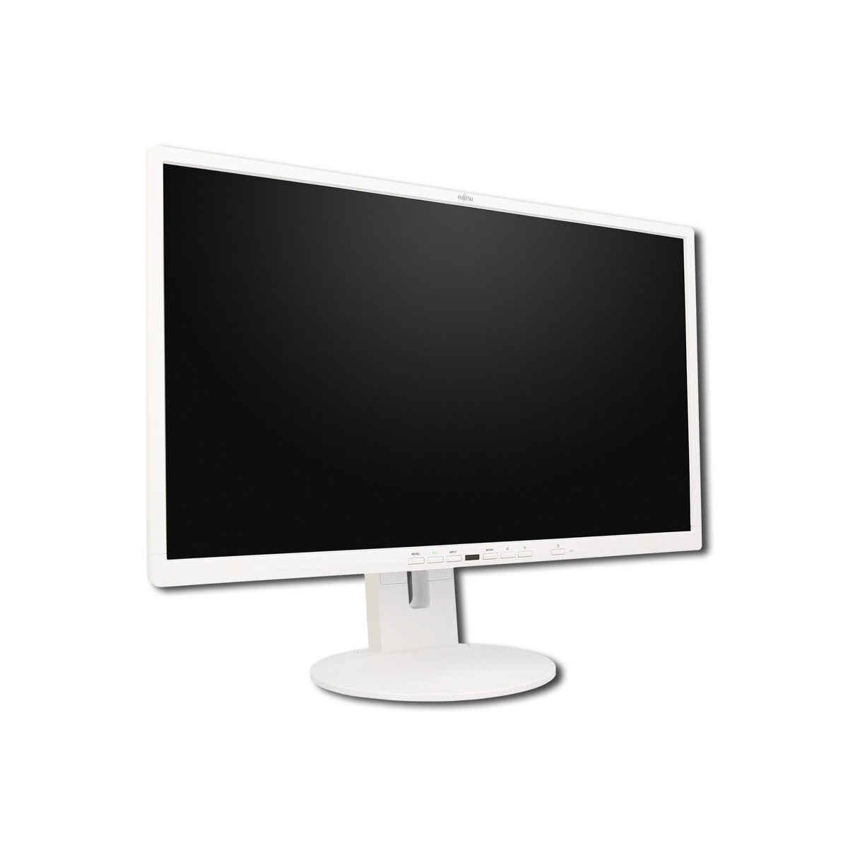 Ein weißer Computerbildschirm mit einem schwarzen Display und einem runden Fuß auf weißem Hintergrund.