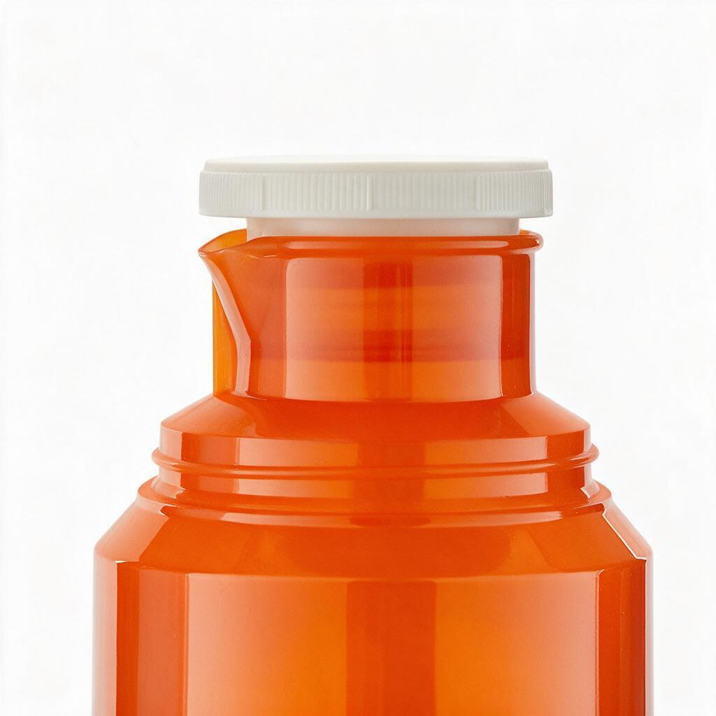 Eine orangefarbene Flasche mit weißem Deckel vor weißem Hintergrund.
