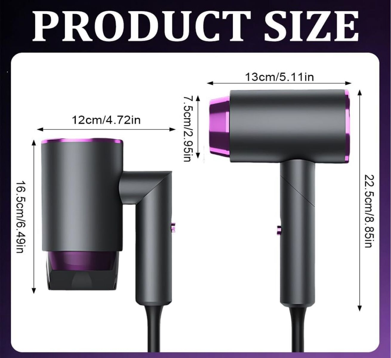 Produktgrößendiagramm eines grauen Haartrockners mit violetten Akzenten und Maßangaben.