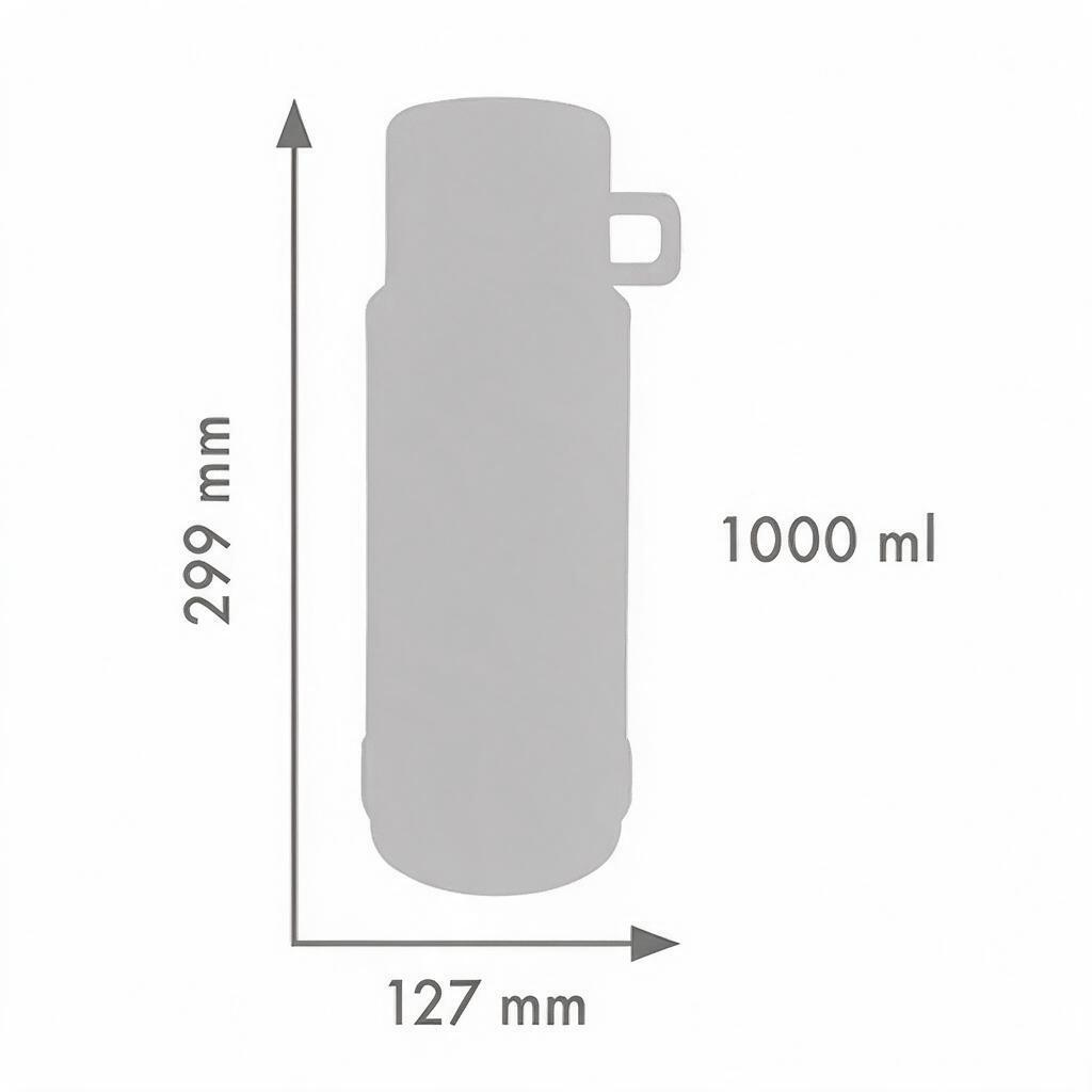 Diagramm einer grauen Thermoskanne, 1000 ml, 299 mm Höhe und 127 mm Breite.