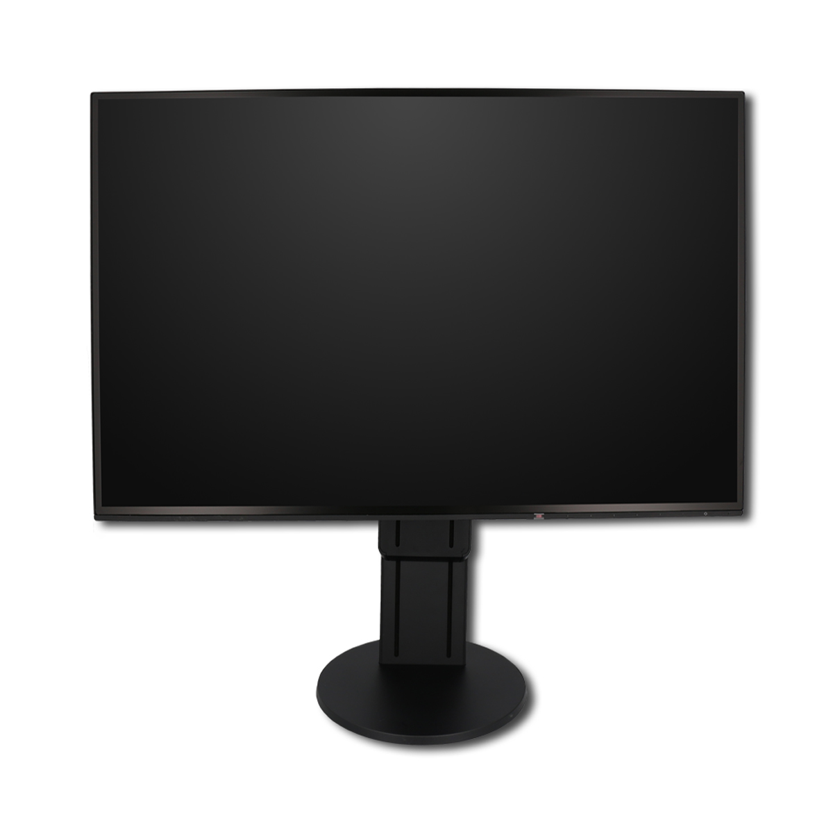 Ein schwarzer Computermonitor auf einem runden Standfuss vor weissem Hintergrund.