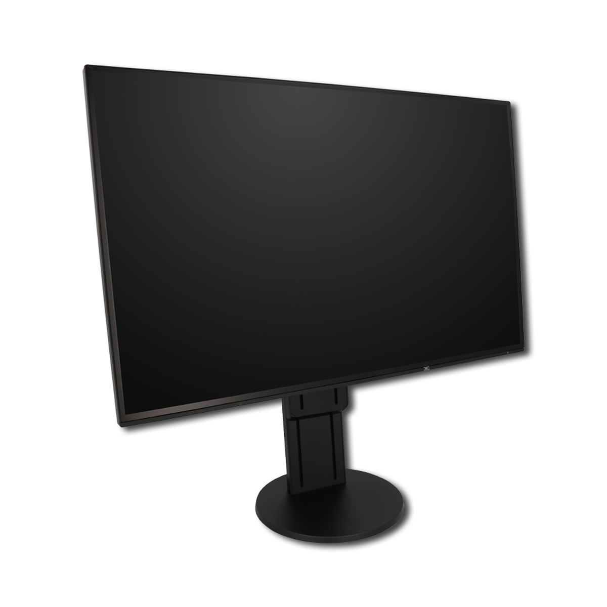 Ein schwarzer Computermonitor mit rundem Standfuß auf weißem Hintergrund.