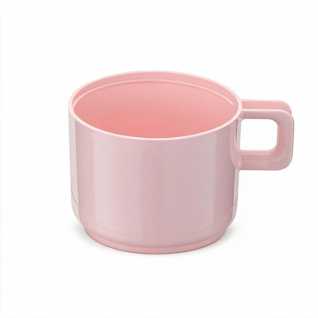 Eine einfache, glänzende rosa Plastiktasse mit einem eckigen Henkel vor weißem Hintergrund.