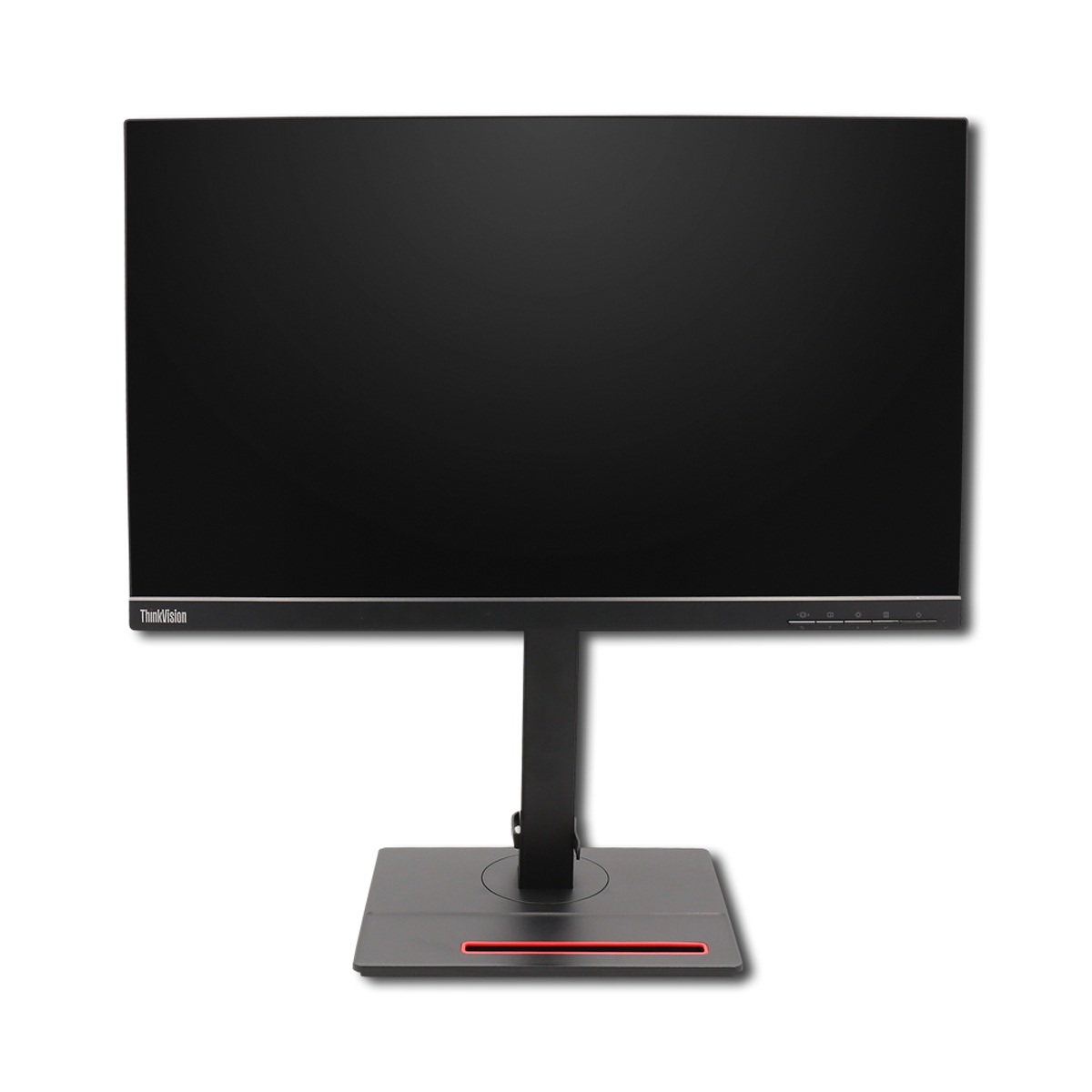 Ein schwarzer ThinkVision-Computerbildschirm mit schmalem Rahmen und verstellbarem Standfuß mit rotem Akzent.