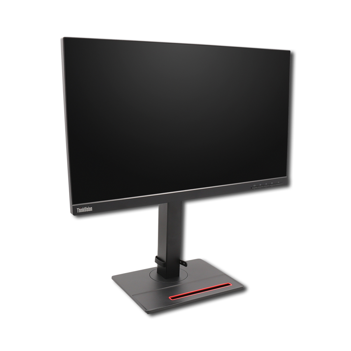 Ein schwarzer ThinkVision Computerbildschirm auf einem verstellbaren Ständer mit einer roten Akzentlinie auf dem Sockel.
