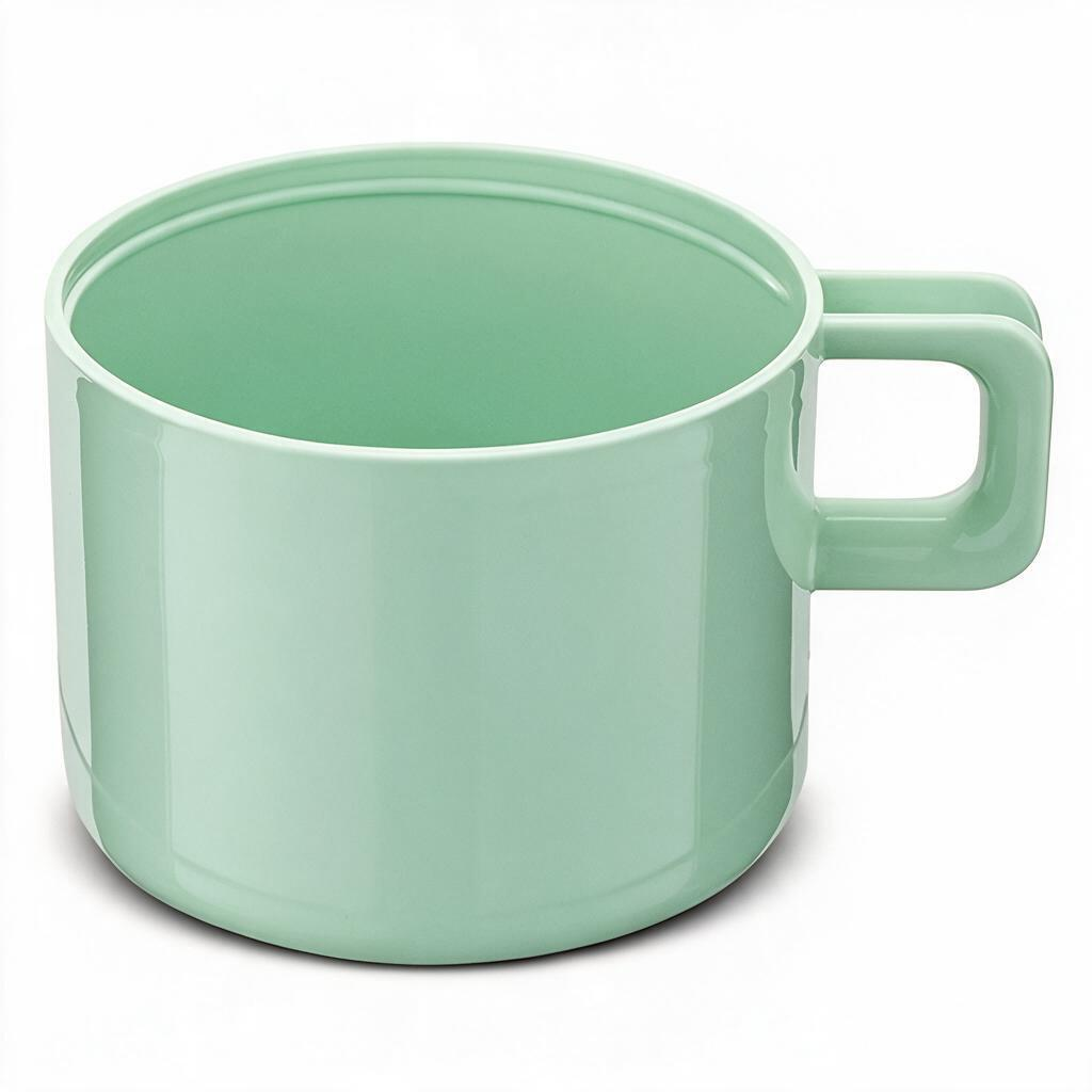 Eine glänzende, hellgrüne Tasse mit einem eckigen Henkel steht auf weißem Grund.