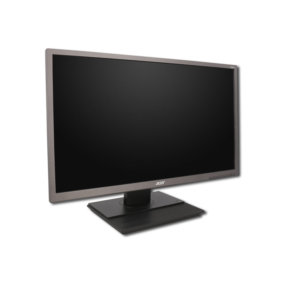 Ein Acer-Computerbildschirm mit grauem Rahmen und schwarzem Bildschirm auf schwarzem Standfuß aus Dreiviertelperspektive.