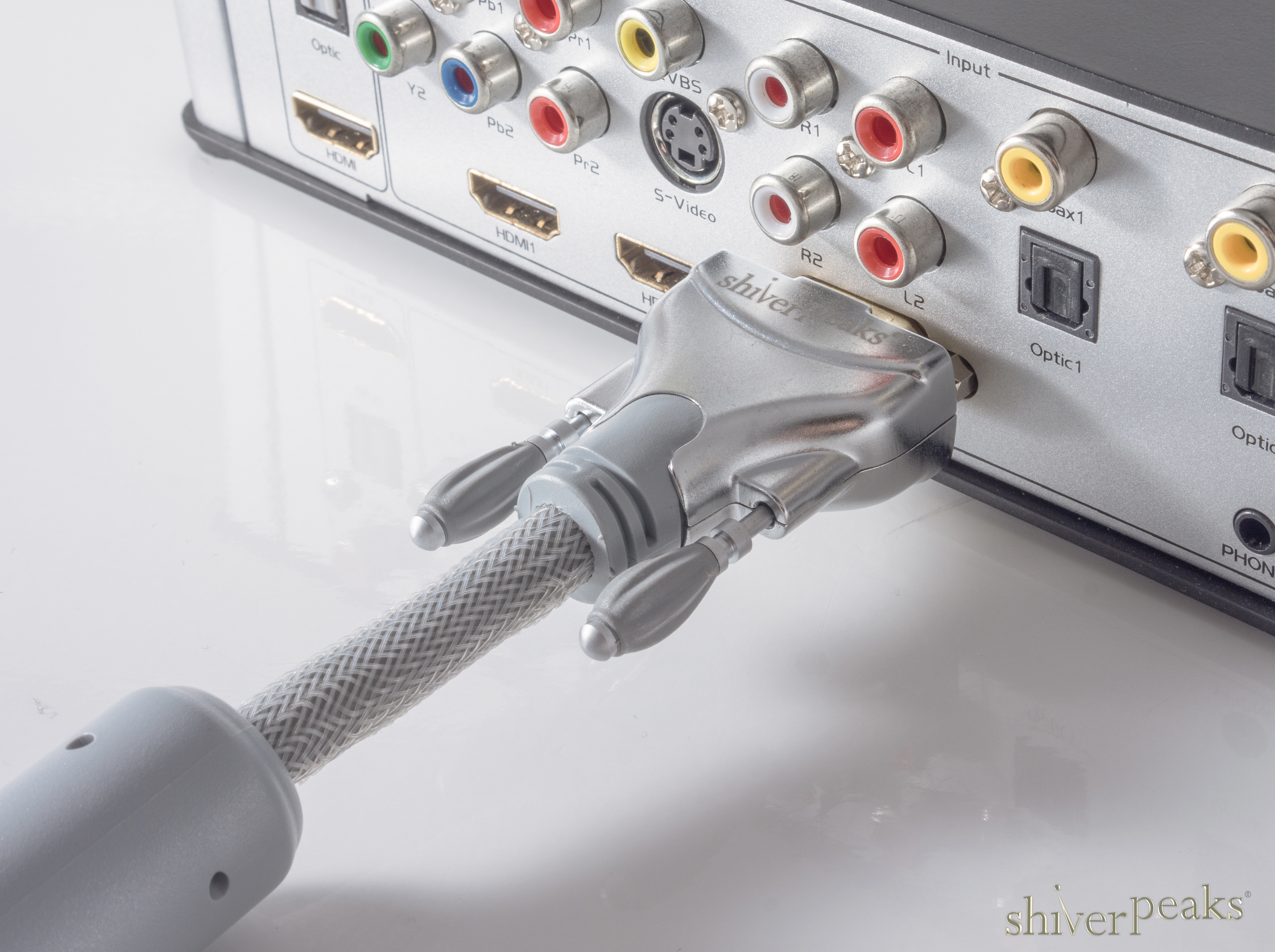 Ein silbernes Kabel ist an die Rückseite eines Geräts mit vielen bunten Anschlüssen angeschlossen.