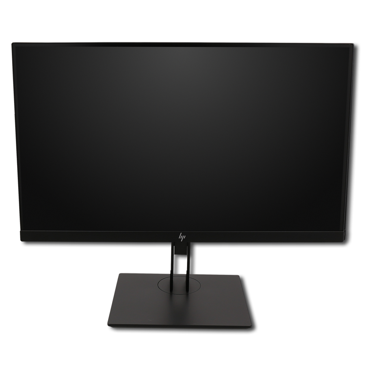 Ein schwarzer HP-Monitor mit flachem Bildschirm und quadratischem Standfuß vor weißem Hintergrund.
