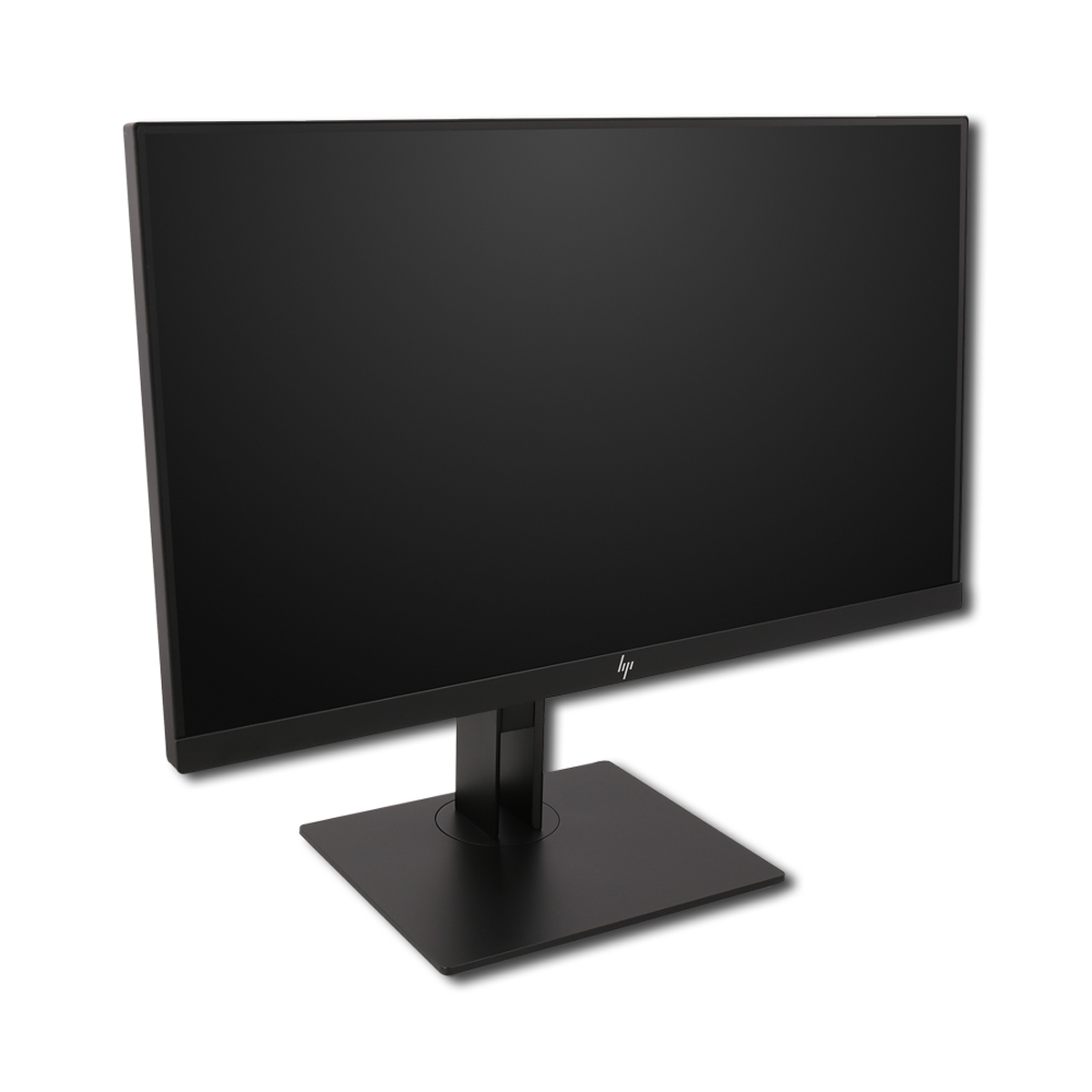 Ein schwarzer HP-Computerbildschirm mit quadratischem Standfuß auf weißem Hintergrund.