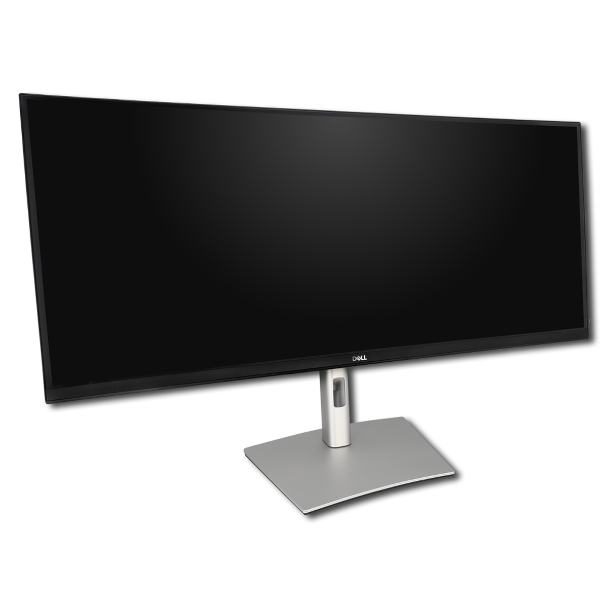 Ein breiter, gebogener Dell-Monitor mit einem silbernen Standfuß vor weißem Hintergrund.