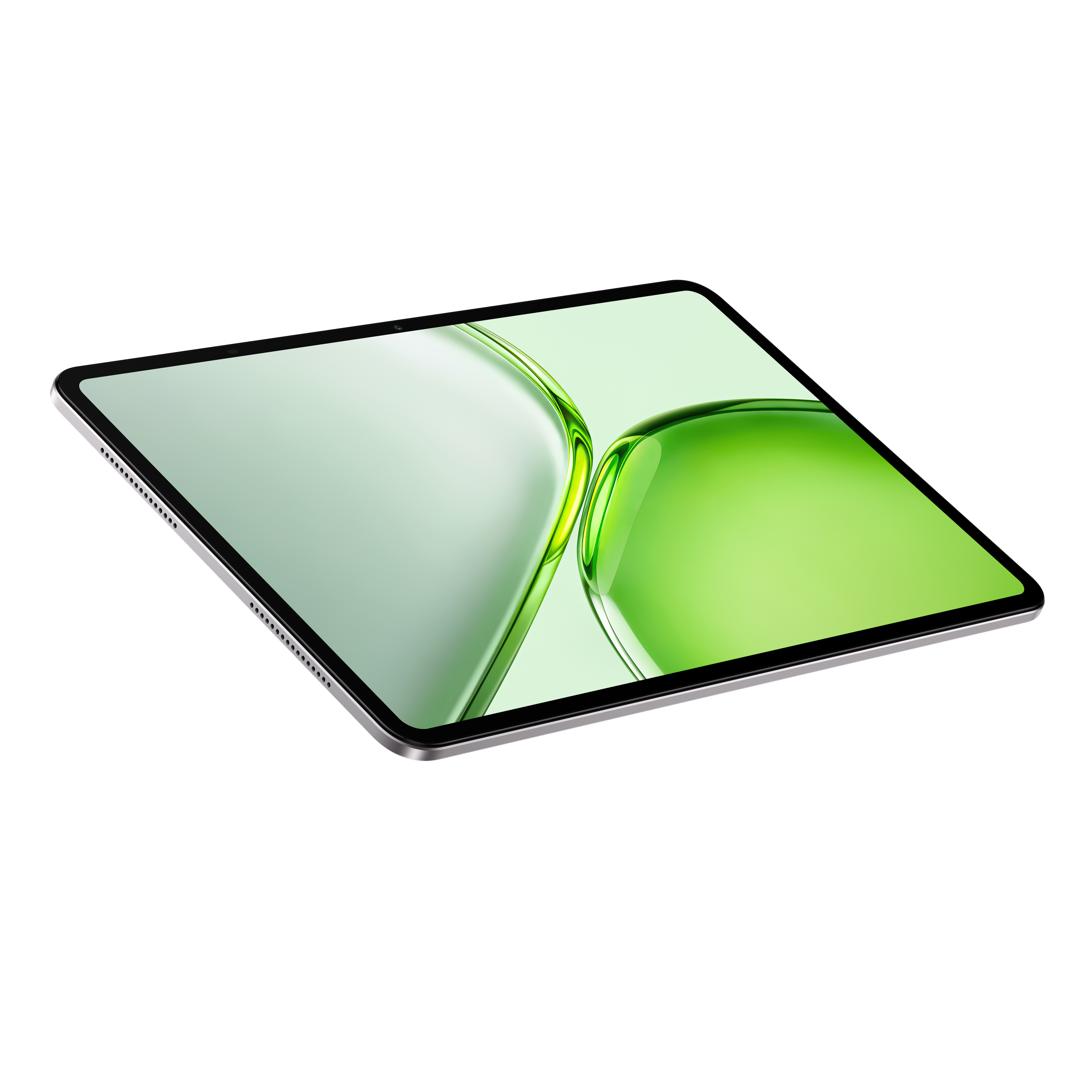Ein silbernes Tablet in Schräglage auf weißem Hintergrund zeigt ein hellgrünes abstraktes Hintergrundbild.