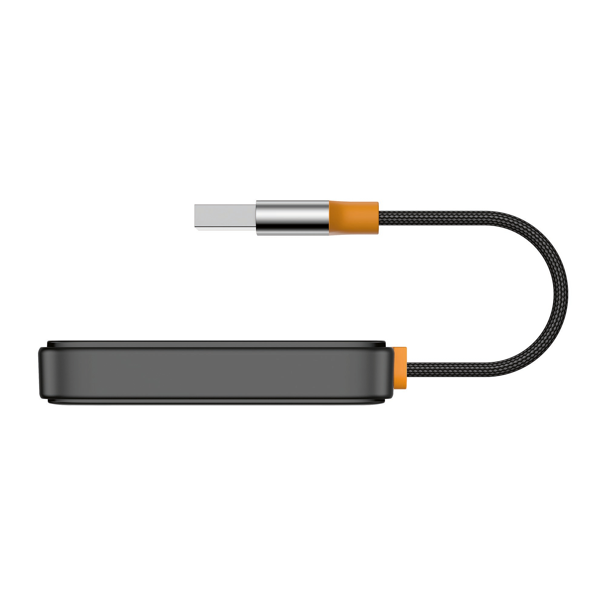 Ein schwarzes externes Speicherlaufwerk mit integriertem, geflochtenem USB-Kabel und orangefarbenen Akzenten auf weißem Hintergrund.