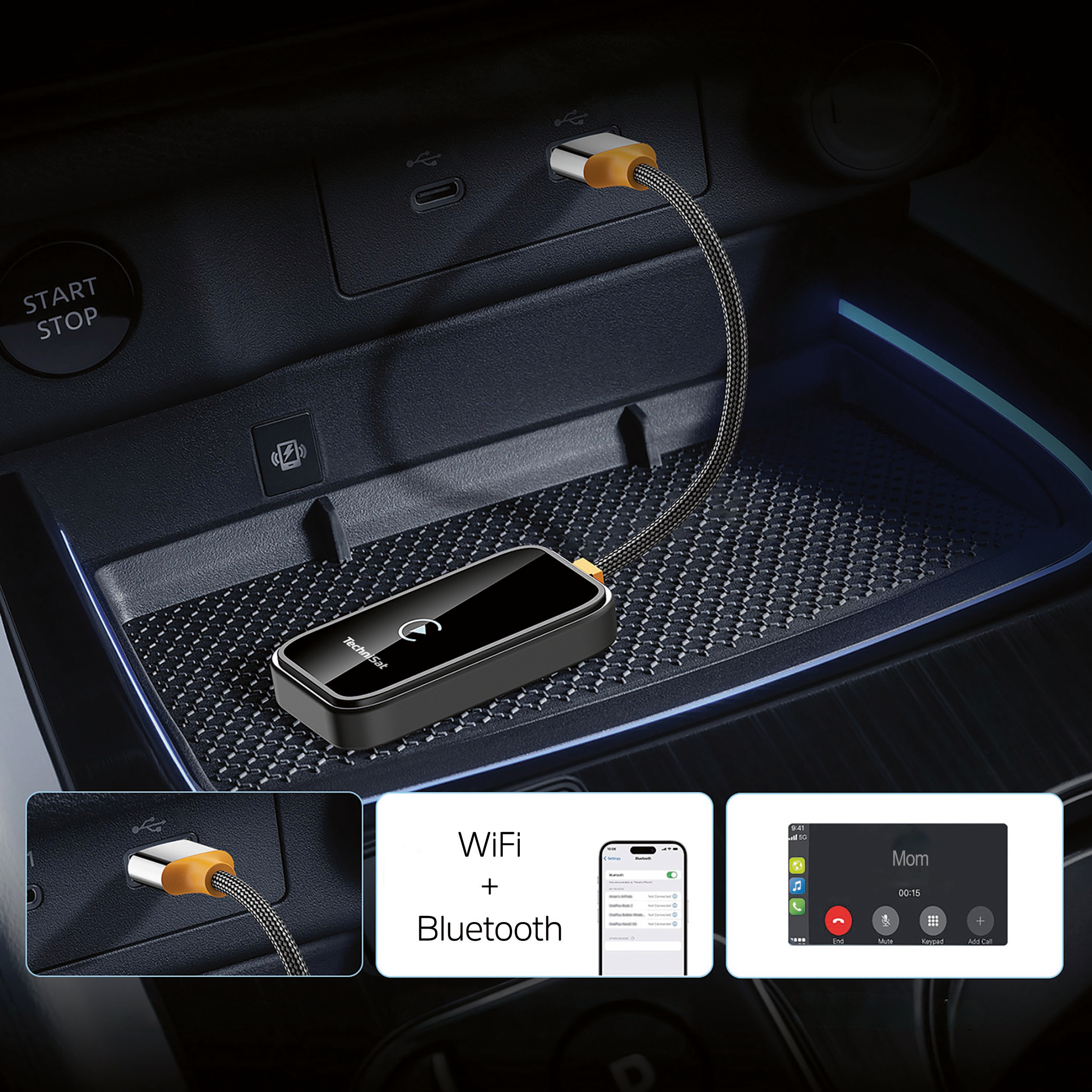 Ein schwarzer TechniSat-Adapter in einem Auto, angeschlossen an eine USB-Buchse, mit Symbolen für WLAN und Anrufe.