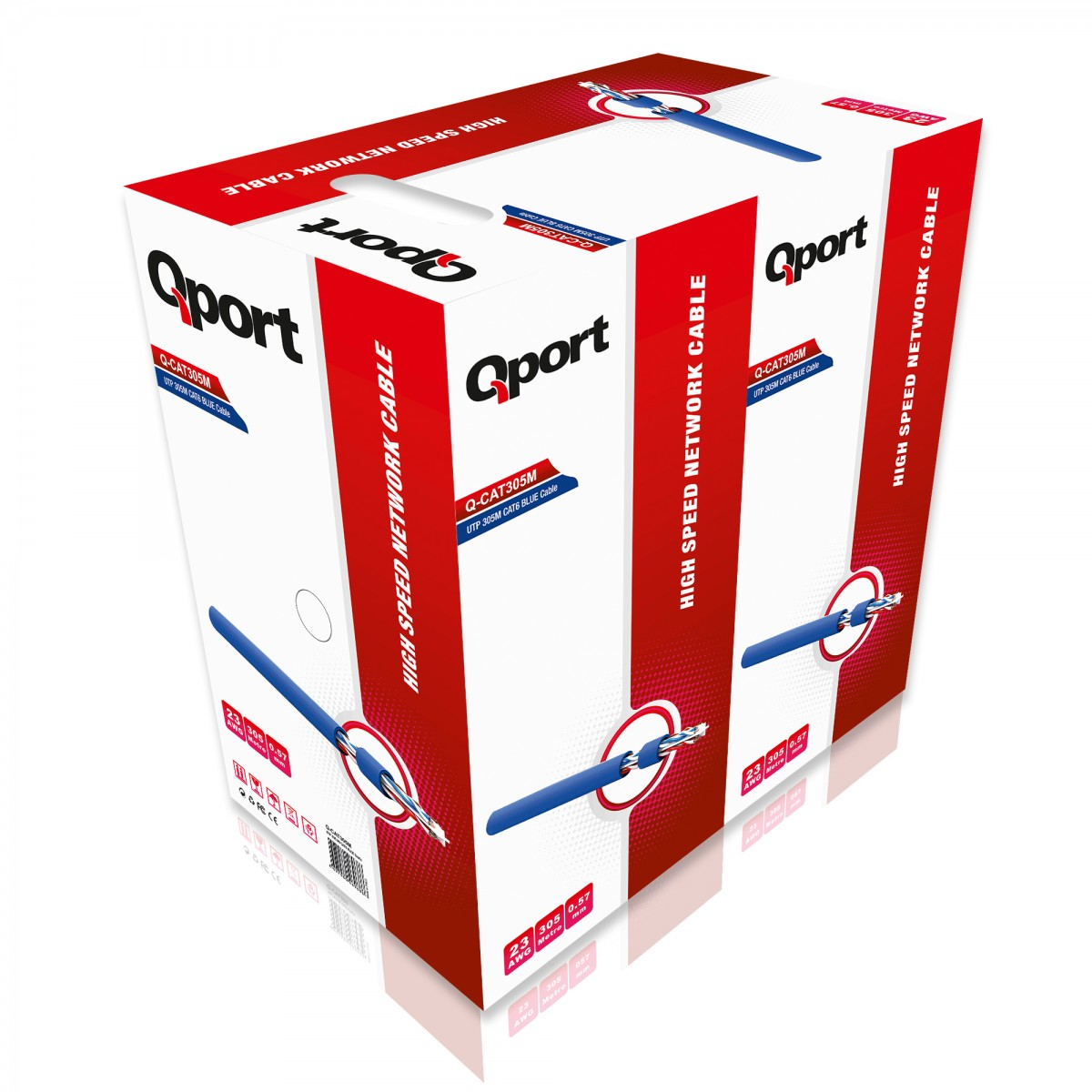Mavi CAT6 ağ kabloları için beyaz ve kırmızı Qport karton kutu, marka ve teknik detaylar içerir.