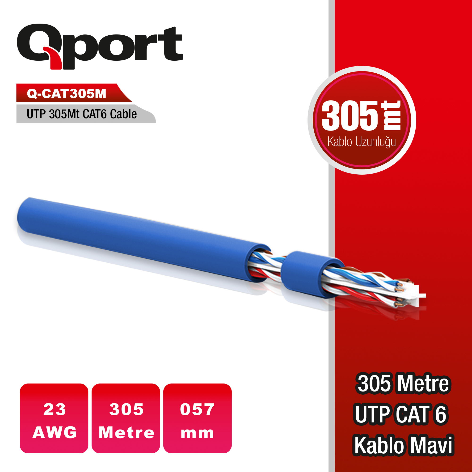Kırmızı ve beyaz arka planda 305 metre uzunluğunda, 23 AWG ve 057 mm mavi UTP CAT6 kablo.