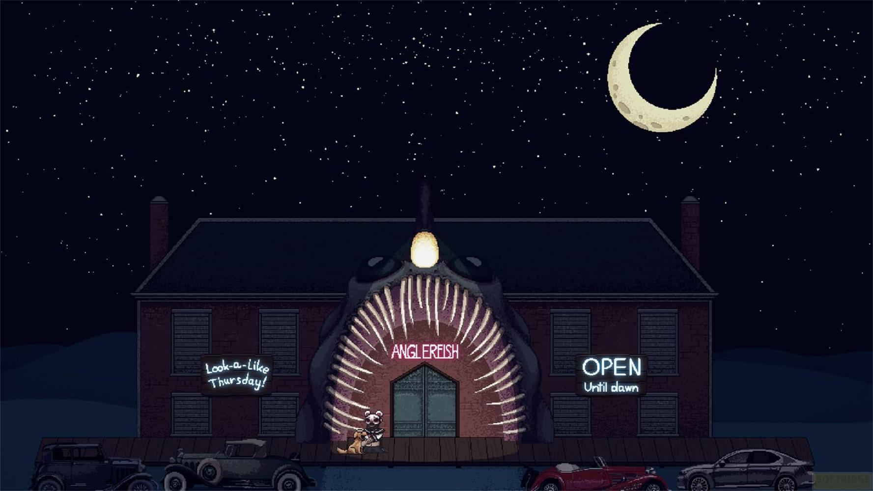Bar temática de rape en arte pixelado de noche bajo una luna creciente, con autos y letreros de neón.