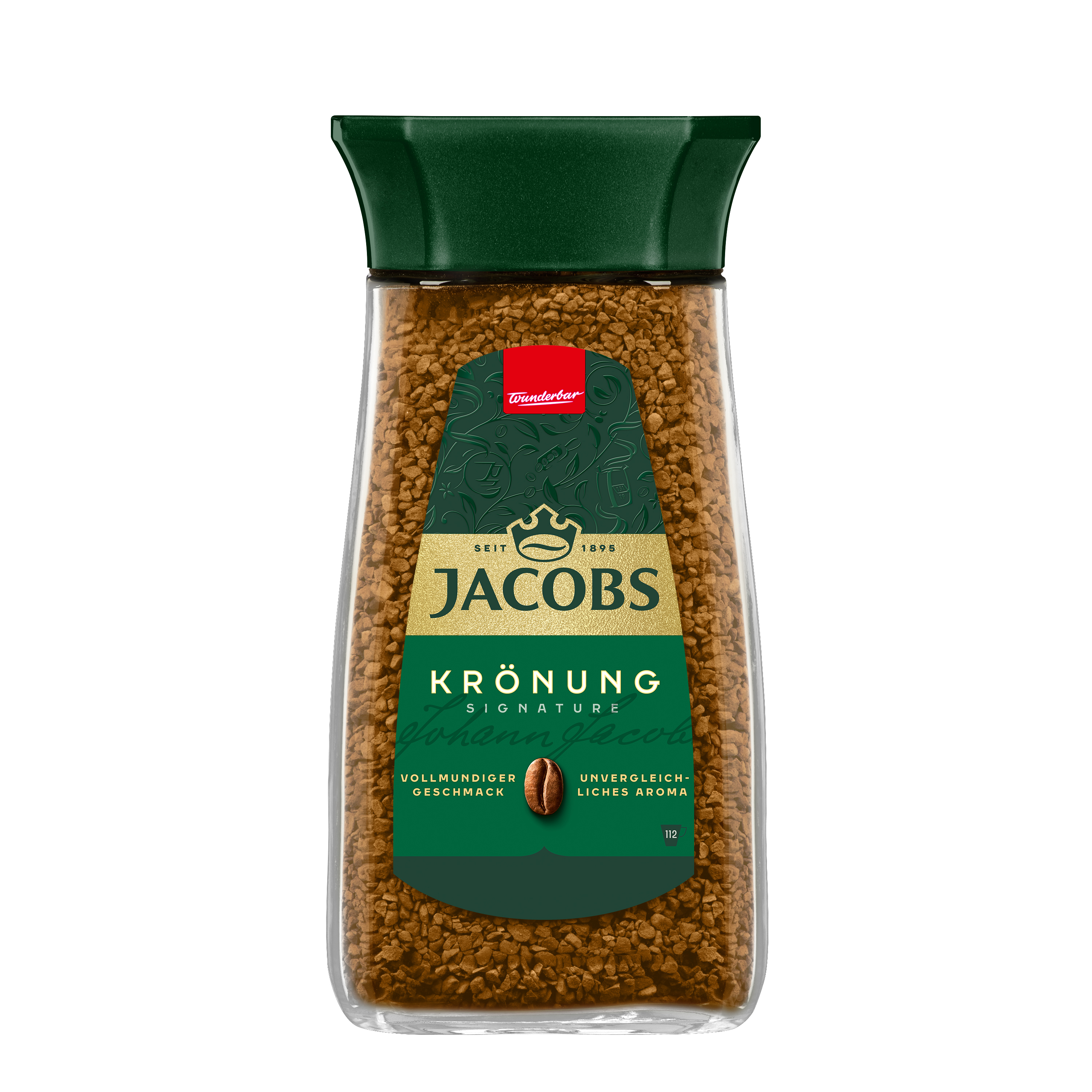 Ein Glas Jacobs Krönung Instantkaffee mit dunkelgrünem Deckel und goldenem Etikett.