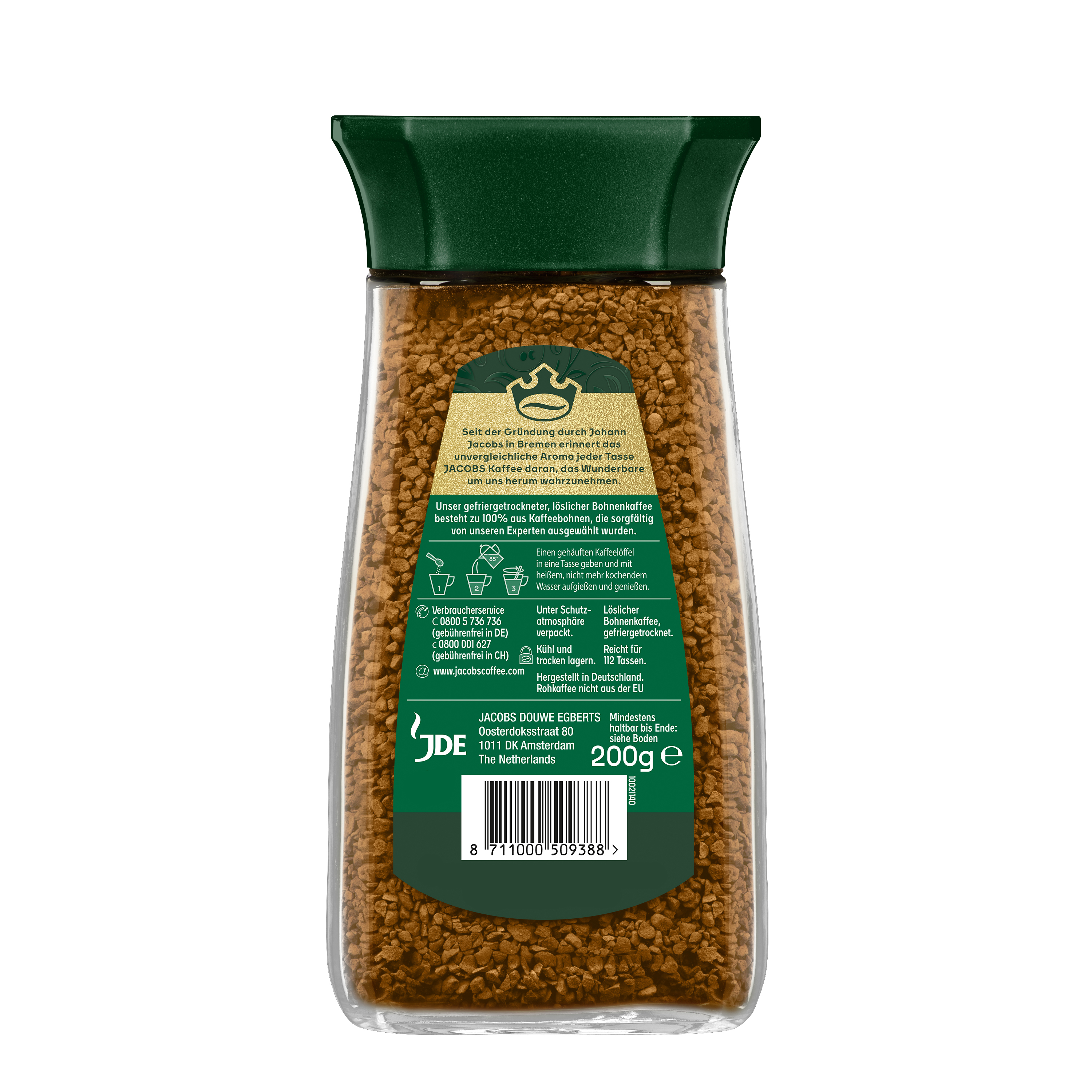 Glasbehälter mit Jacobs-Kaffeepulver, grünem Deckel und Etikett mit Produktinformationen.