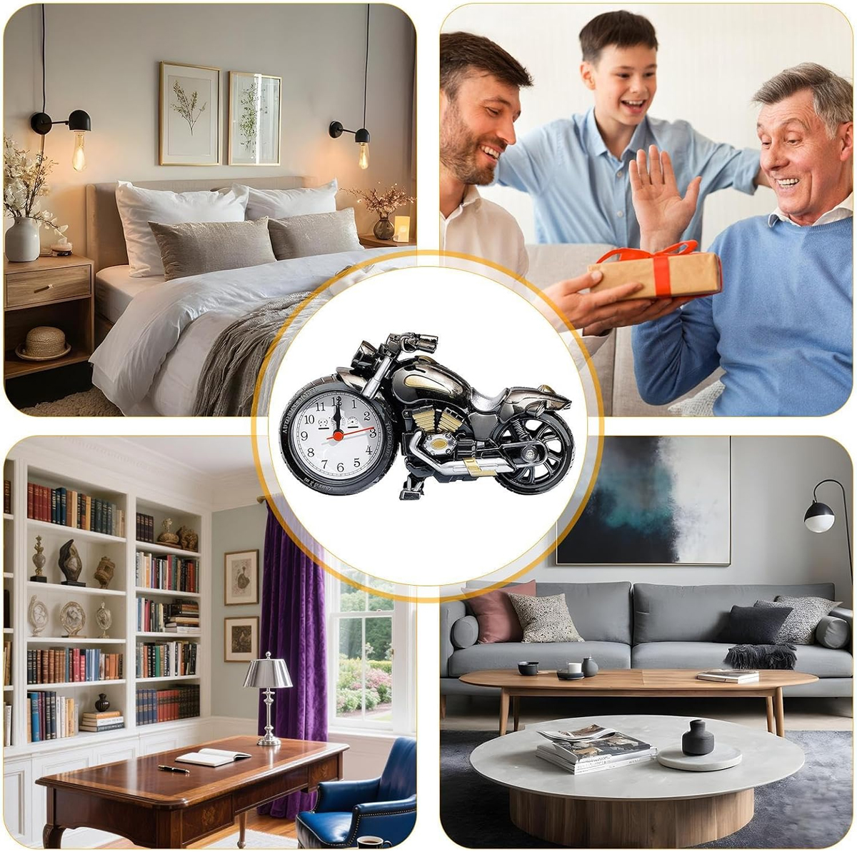 Ein Motorrad-Uhrenmodell im Zentrum, umgeben von einem Schlafzimmer, Familie mit Geschenk, Arbeitszimmer und Wohnzimmer.