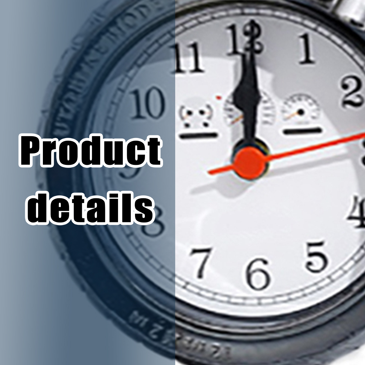 Nahaufnahme einer analogen Uhr mit weißem Zifferblatt, schwarzen Zahlen und den Worten 'Product details'.