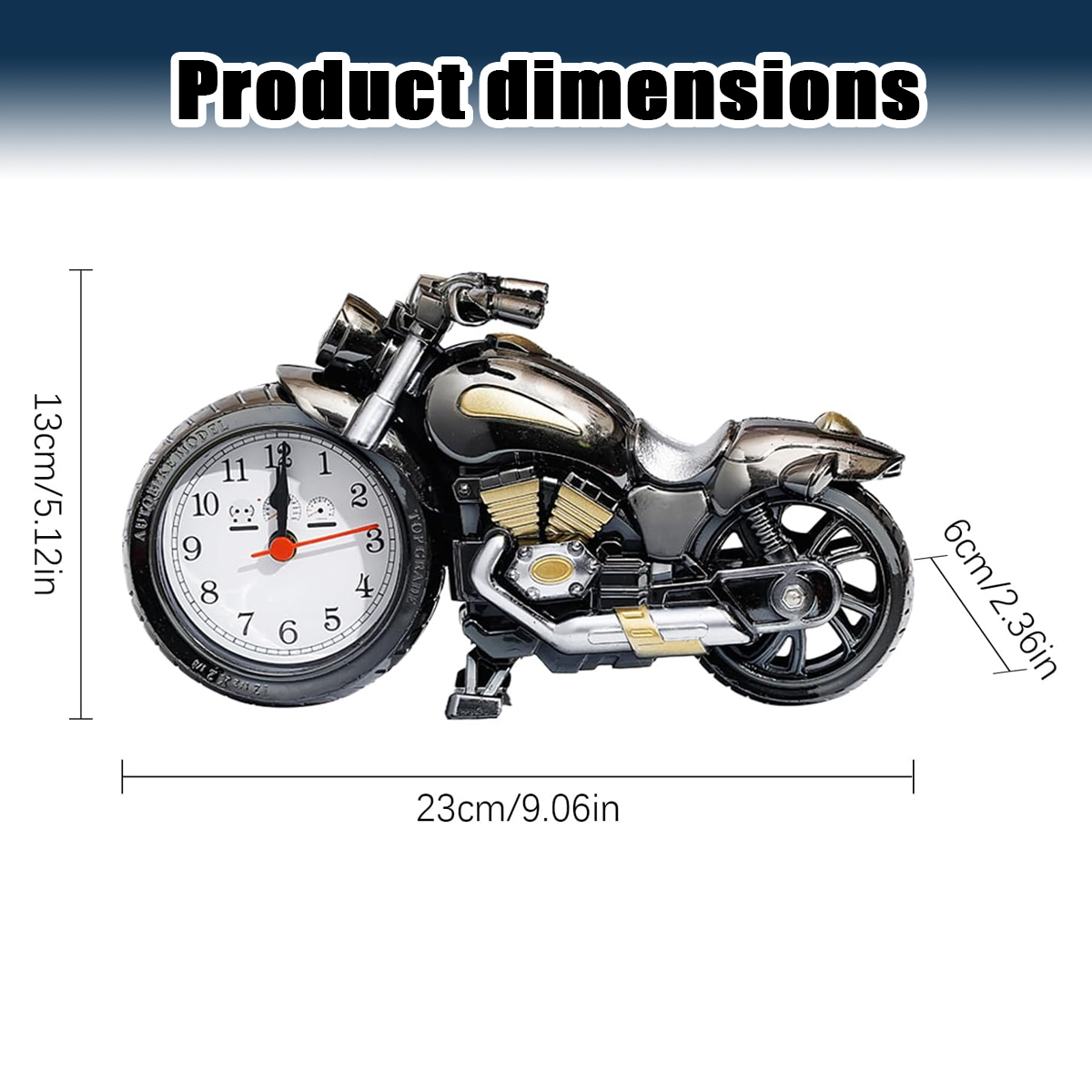 Metall-Motorrad-Tischuhr mit Maßangaben von 23x13x6 cm auf weißem Hintergrund.