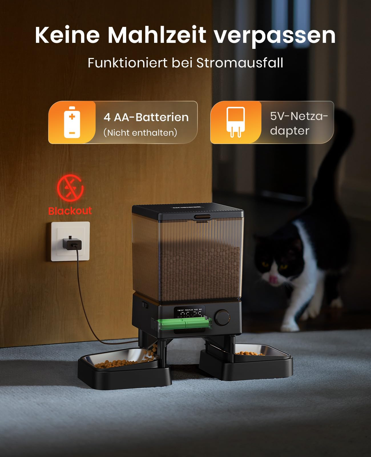 Distributore automatico di cibo per animali con due ciotole, opzioni di batteria e adattatore.