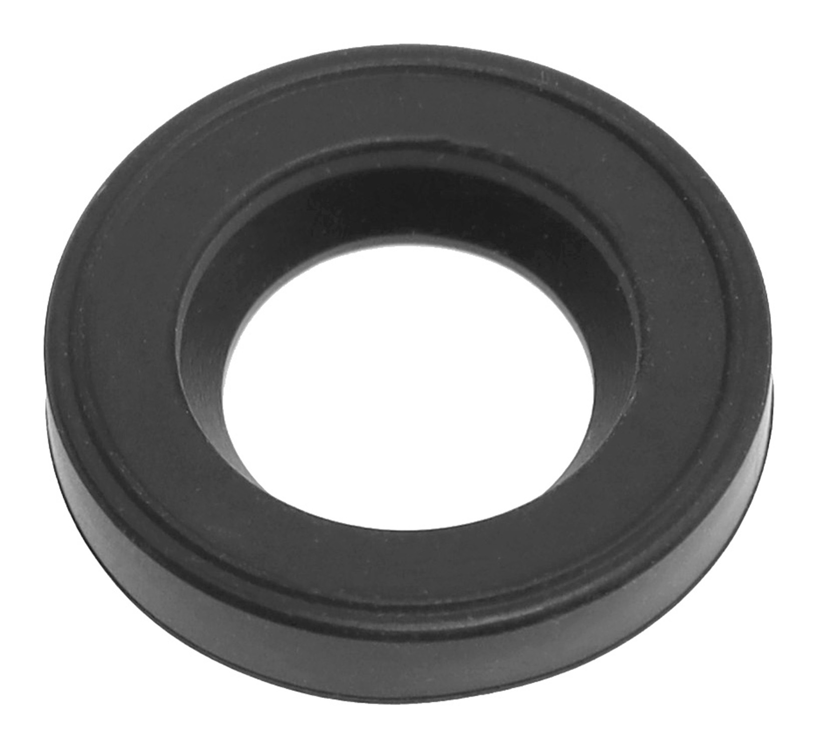 Ein einzelner schwarzer Gummi-Dichtungsring auf weißem Hintergrund.