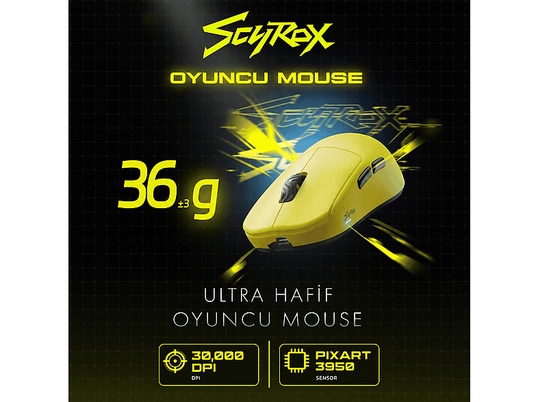 SCYROX V8 PAW3950 3'ü 1 Arada 30.000 Dpi 36GR 8k Kablosuz Oyuncu Mouse Sarı