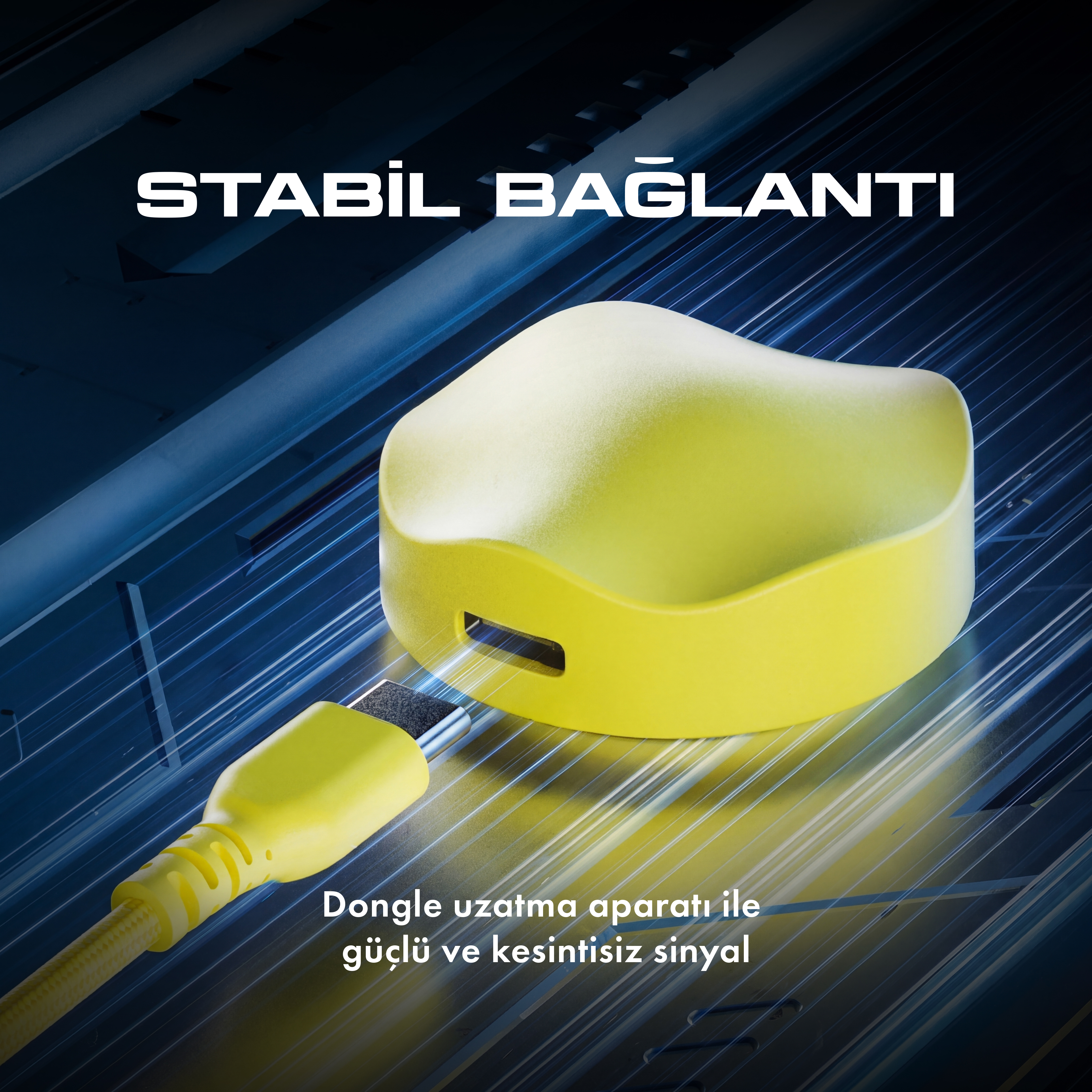 Metin içeren mavi arka plan üzerinde sarı dongle'a bağlı sarı USB kablosu.