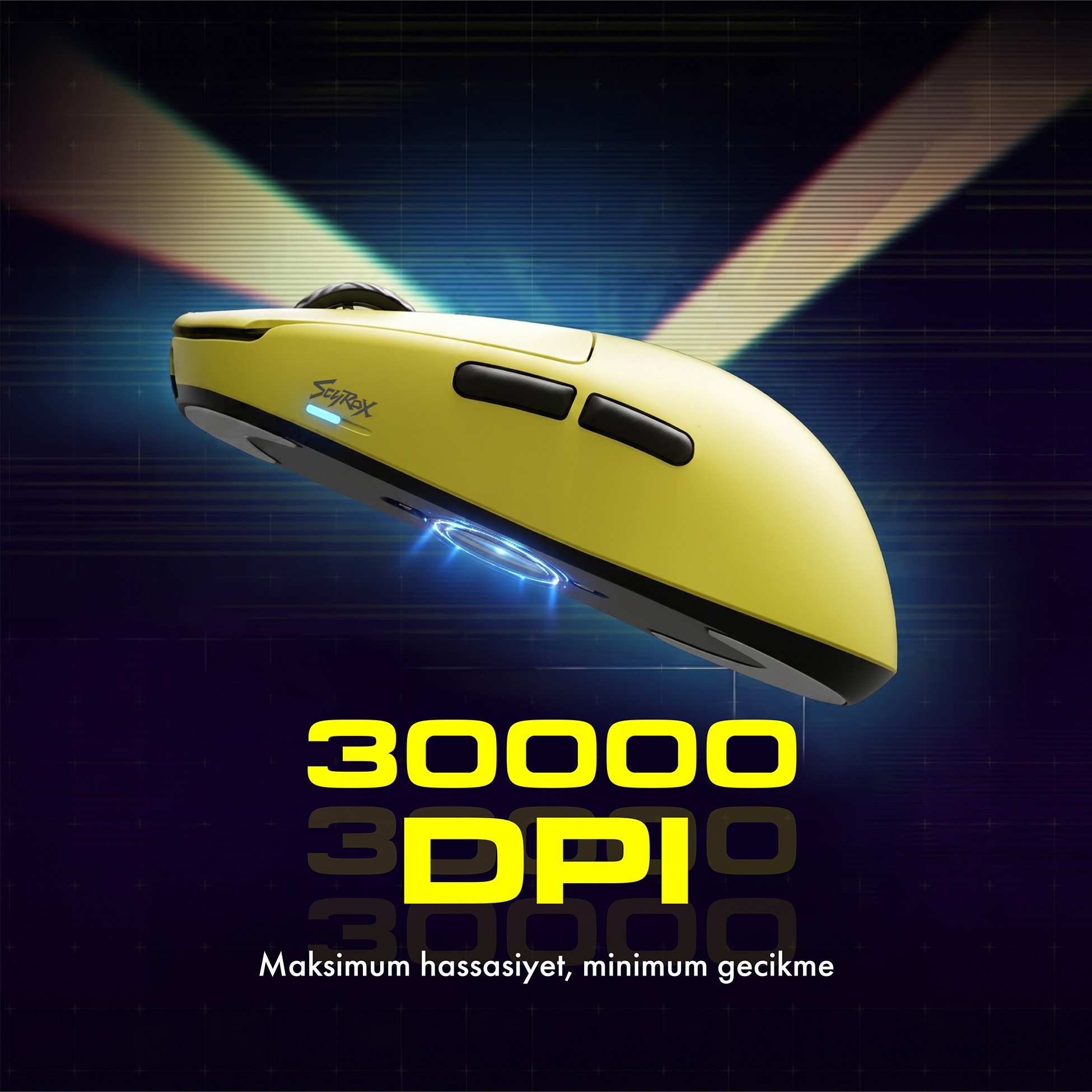 Karanlık arka planda 30000 DPI özellikli sarı oyuncu faresi.