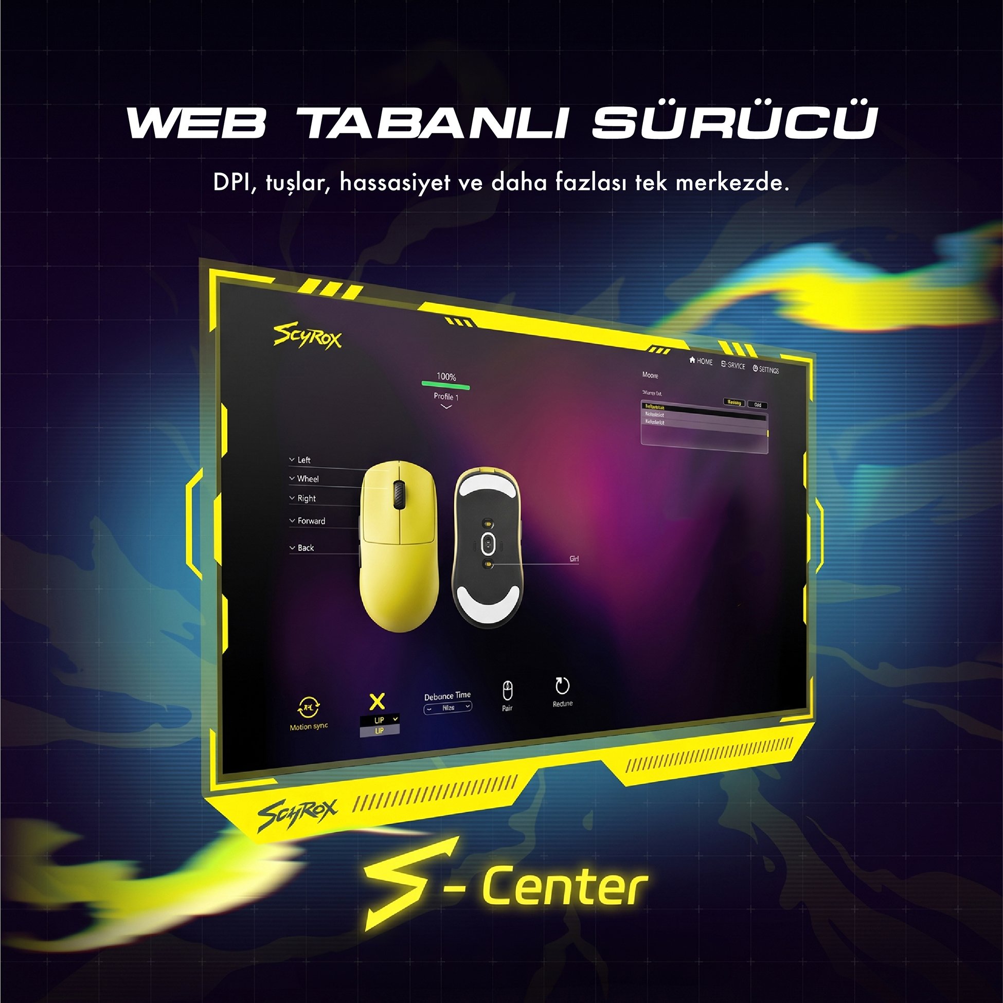 Koyu renkli ekranda DPI ve diğer ayarları gösteren sarı renkli bir Scyrox fare arayüzü var.