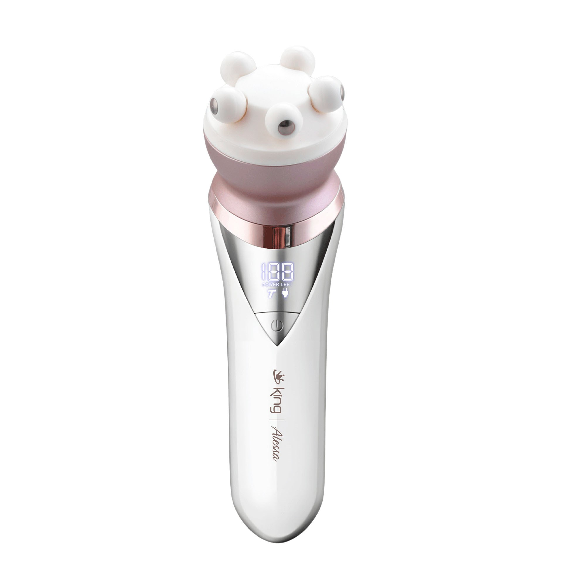 Beş masaj küresi ve dijital LED ekranlı, beyaz ve pembe altın renkli yüz bakım cihazı.